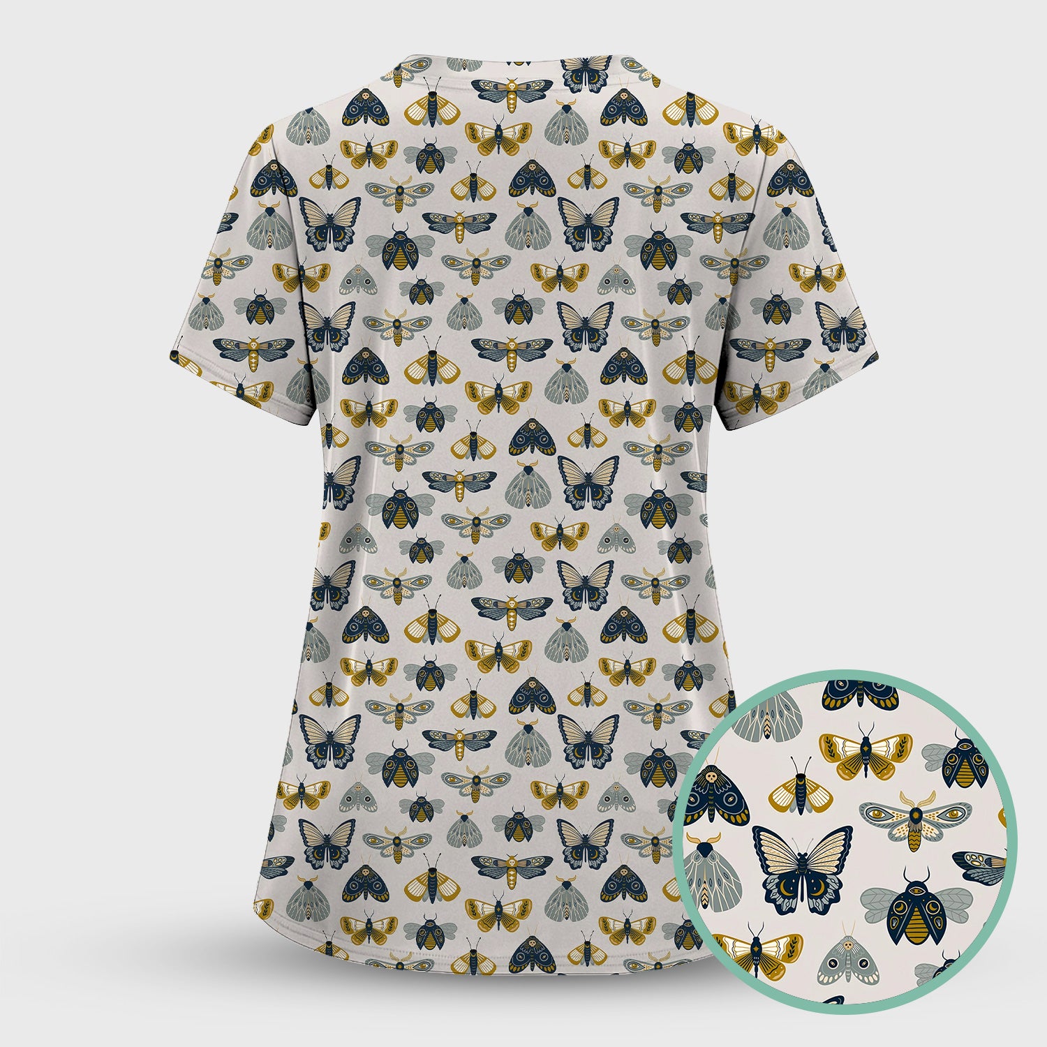 Vintage Butterfly Moth Insect Pattern Scrub Top, Comfortable Scrubs for Nurses