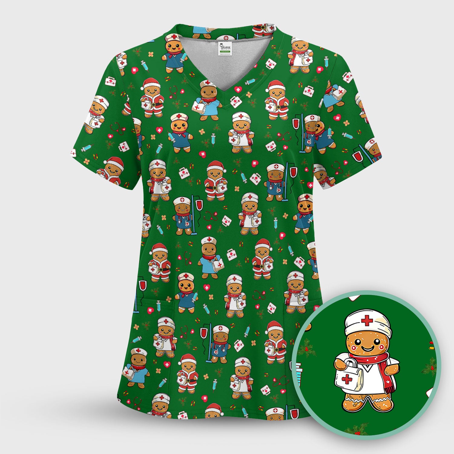 Gingerbread with Santa Nurse Scrub Set - Santa’s Favorite Nurse Holiday Gift - Medical Uniform for RN LPN CNA - Funny Xmas Ugly Sweater