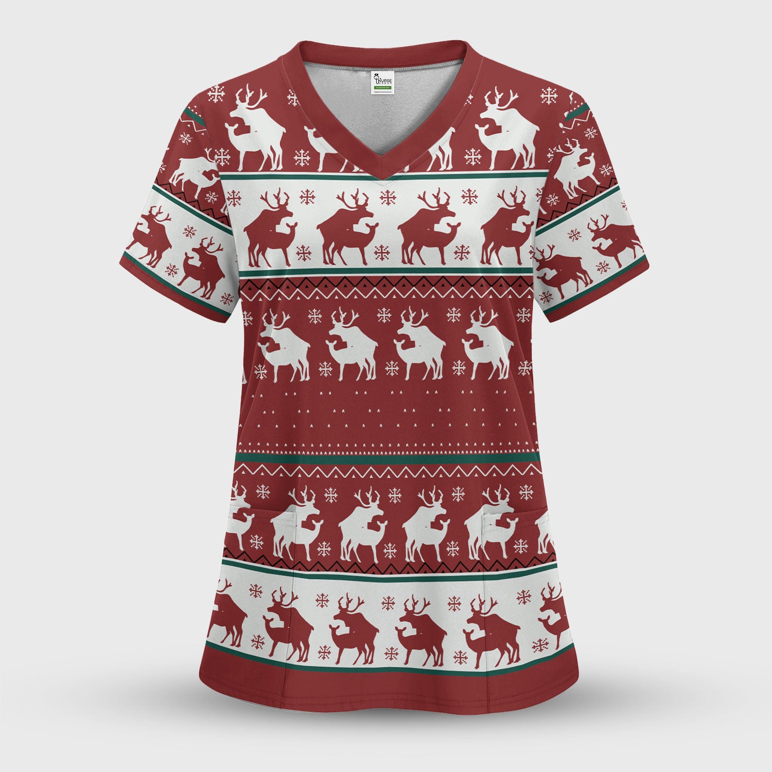Reindeer Christmas Ugly Scrub Top - Red Holiday Nurse Shirt - Festive Medical Uniform for Women RN LPN CNA Gift