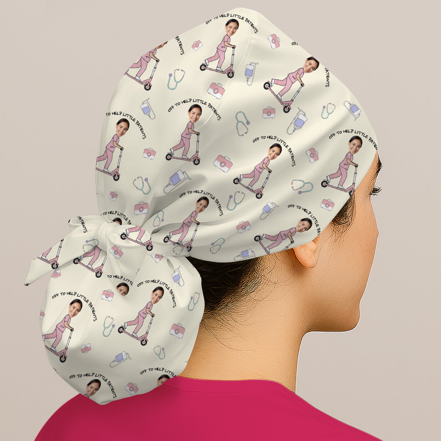 Custom Face Pediatric Nurse Scooter Pattern Scrub Cap, Surgical Caps for Doctors