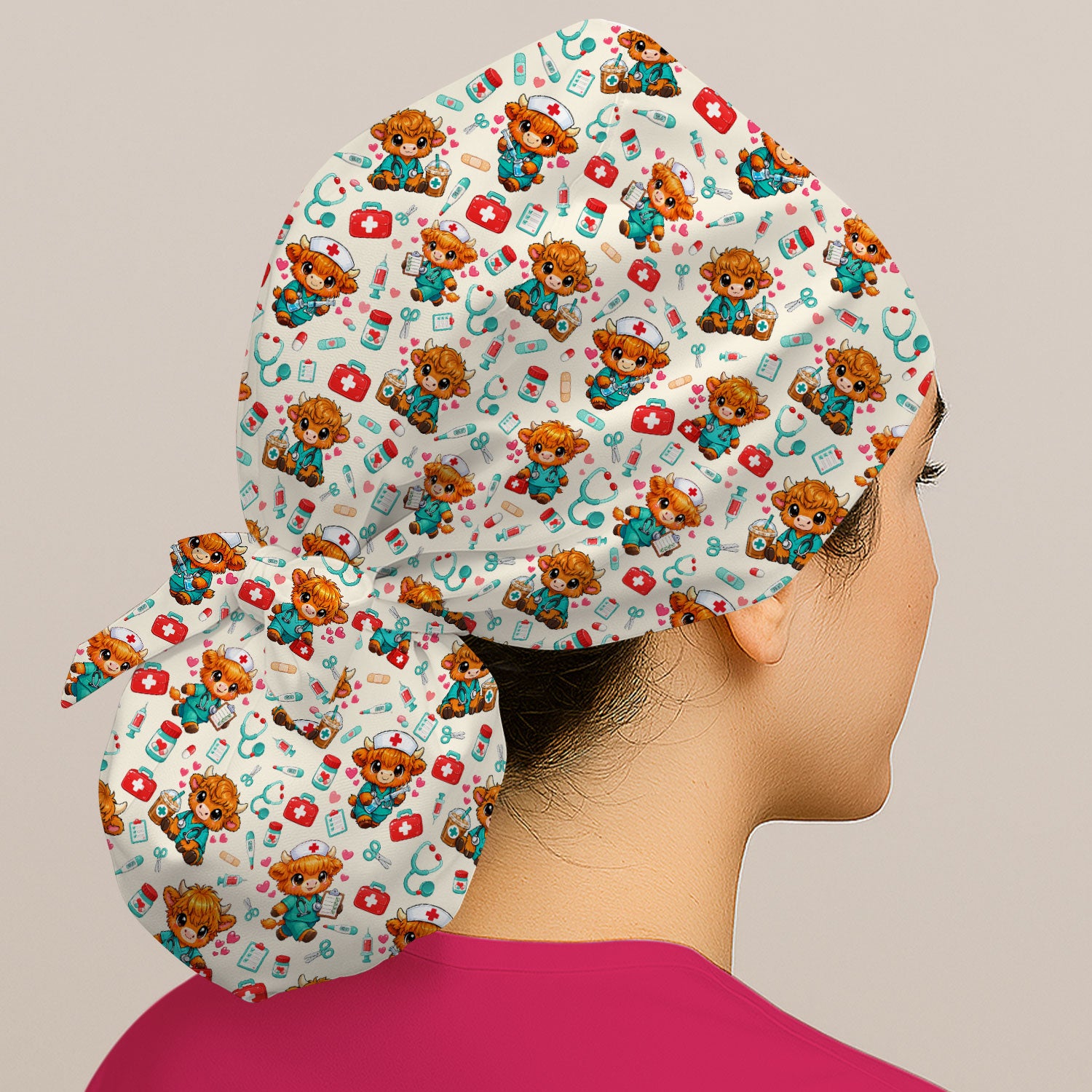 Cute Highland Cow Nurse Scrub Cap, Kawaii Medical Pattern Hat, Breathable Fabrics Nursing Uniform