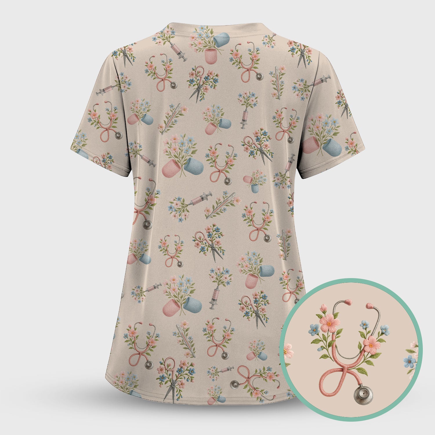 Floral Medical Scrub Set, Elegant Stethoscope With Flower Nursing Shirt, Breathable Fabrics Nurse Uniform