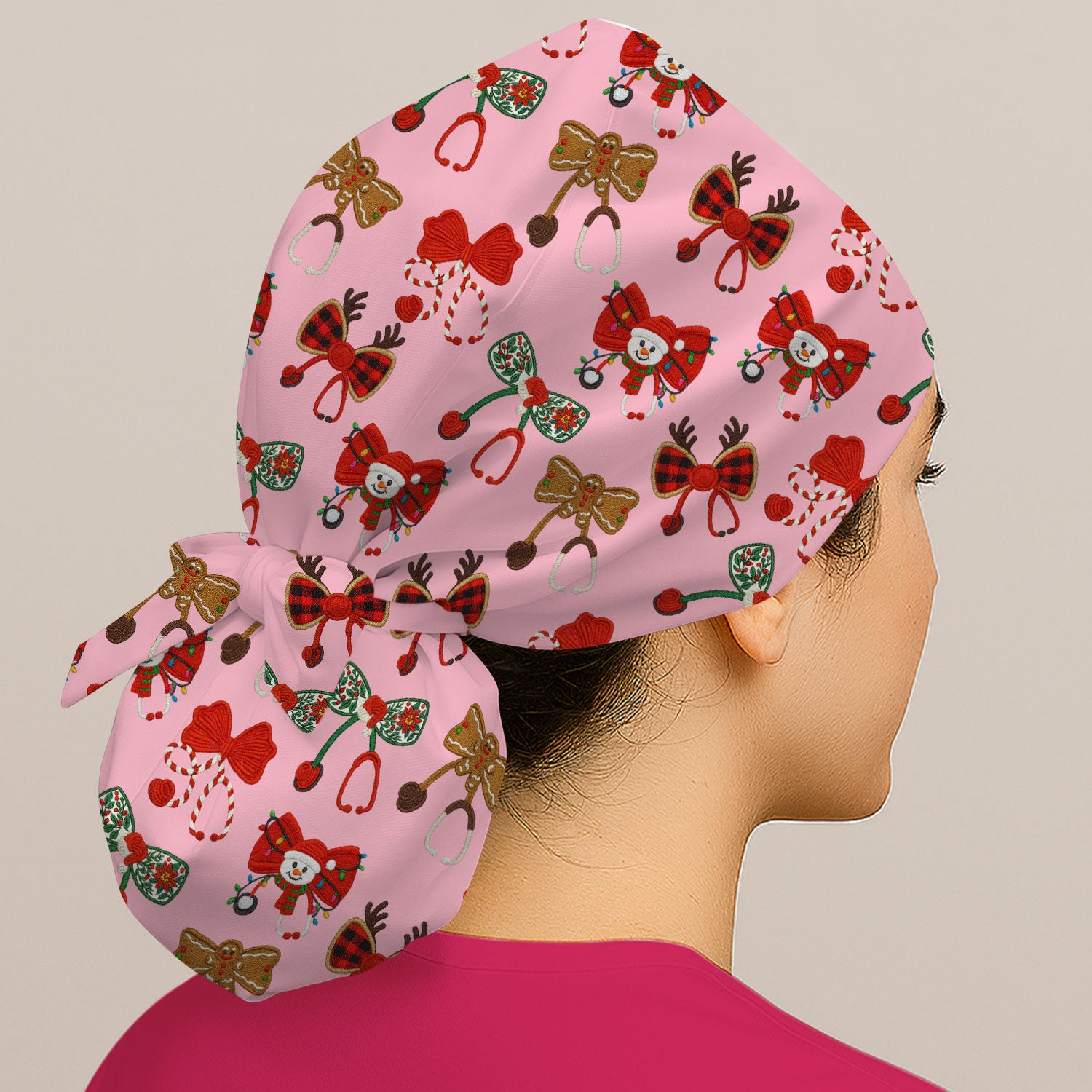 Christmas Stethoscope Bow Nurse Scrub Cap, Xmas Pattern Scrub Hat, Holiday Nursing Uniform