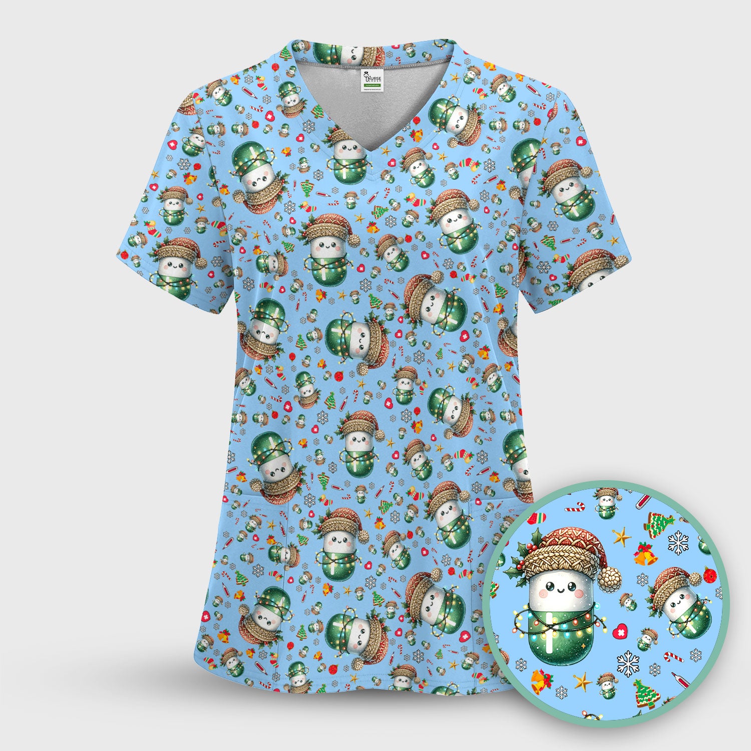 Pharmacy Tech Christmas Scrub Top – Cute Green Snowman Print Nurse Outfit – Funny Holiday Medical Uniform for Pharmacists