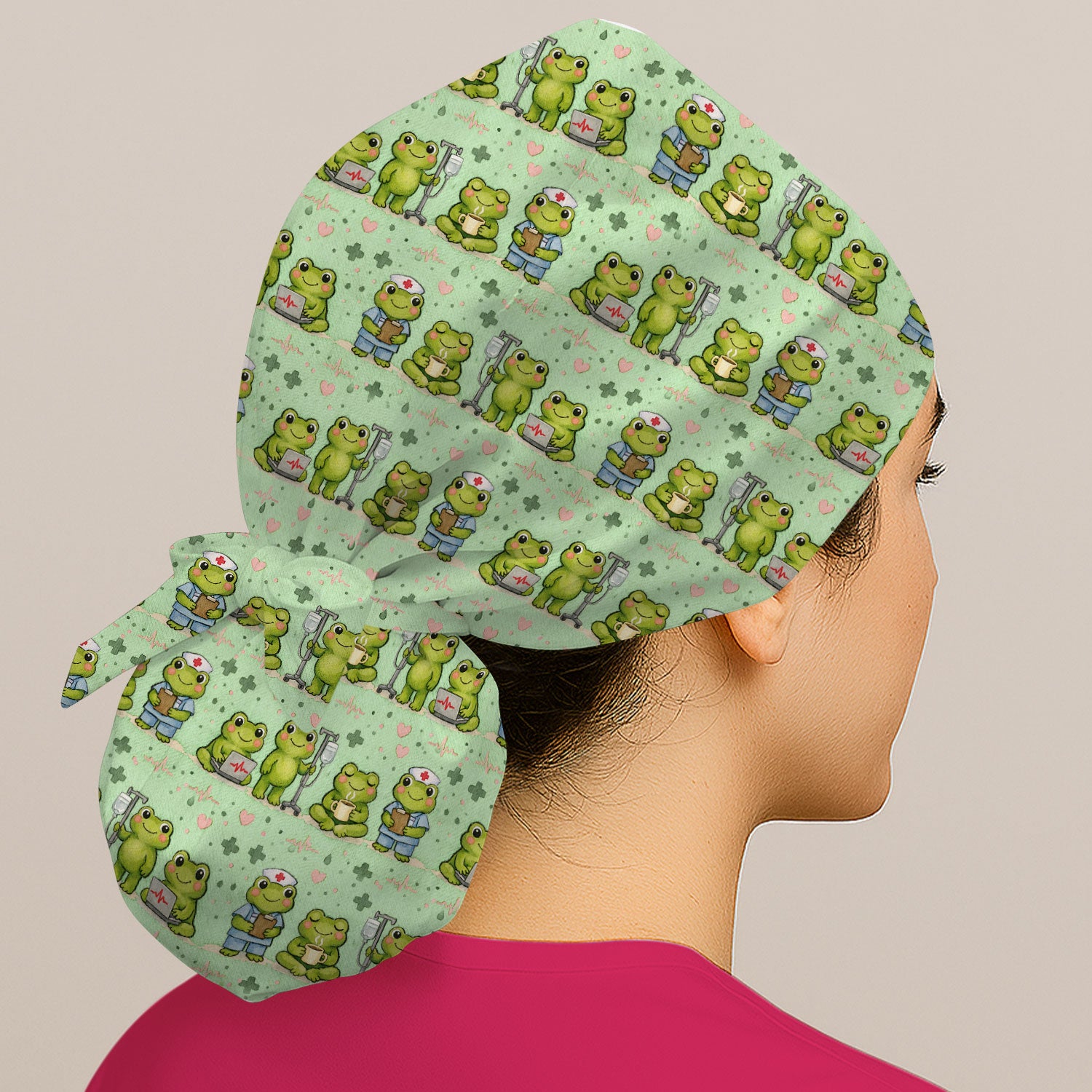 Adorable Frog Nurse Various Poses Print Bouffant Cap, Surgical Caps for Doctors
