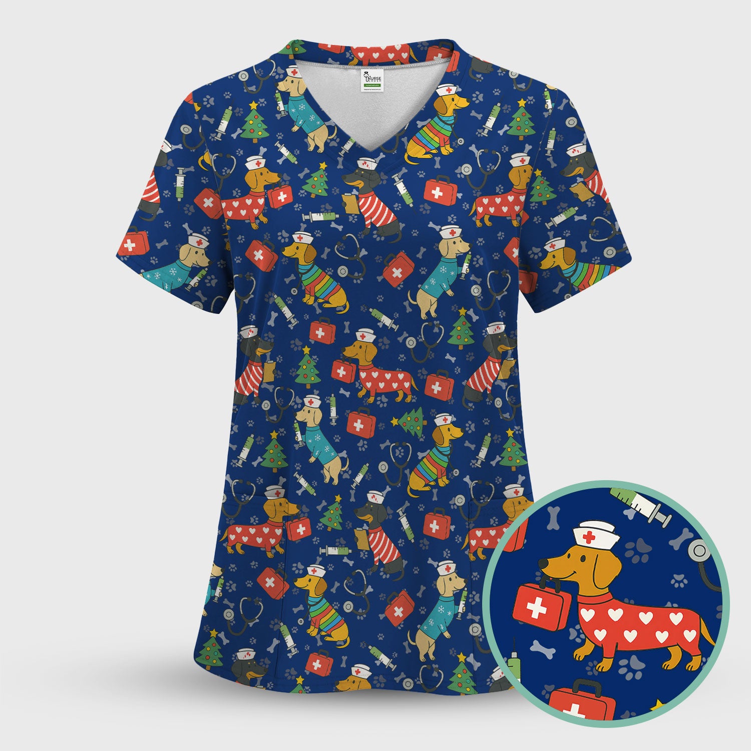 Christmas Dachshund Scrub Top - Funny Dog Nurse Scrubs Multi Color - Holiday Scrub Shirt Gift for Women Men, CNA, RN, Medical Professional