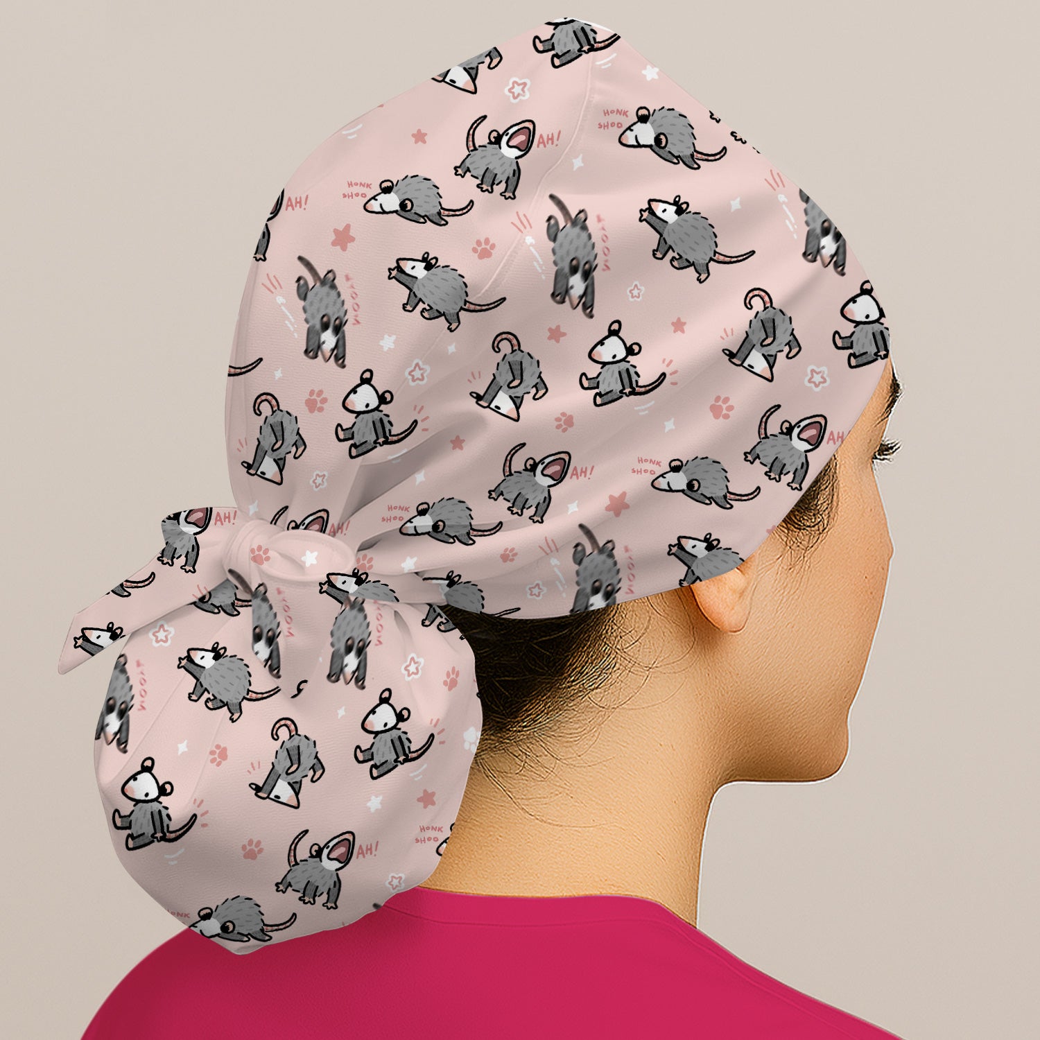 Playful Cartoon Opossum Character Pattern Cap, Bouffant Scrub Caps for Women