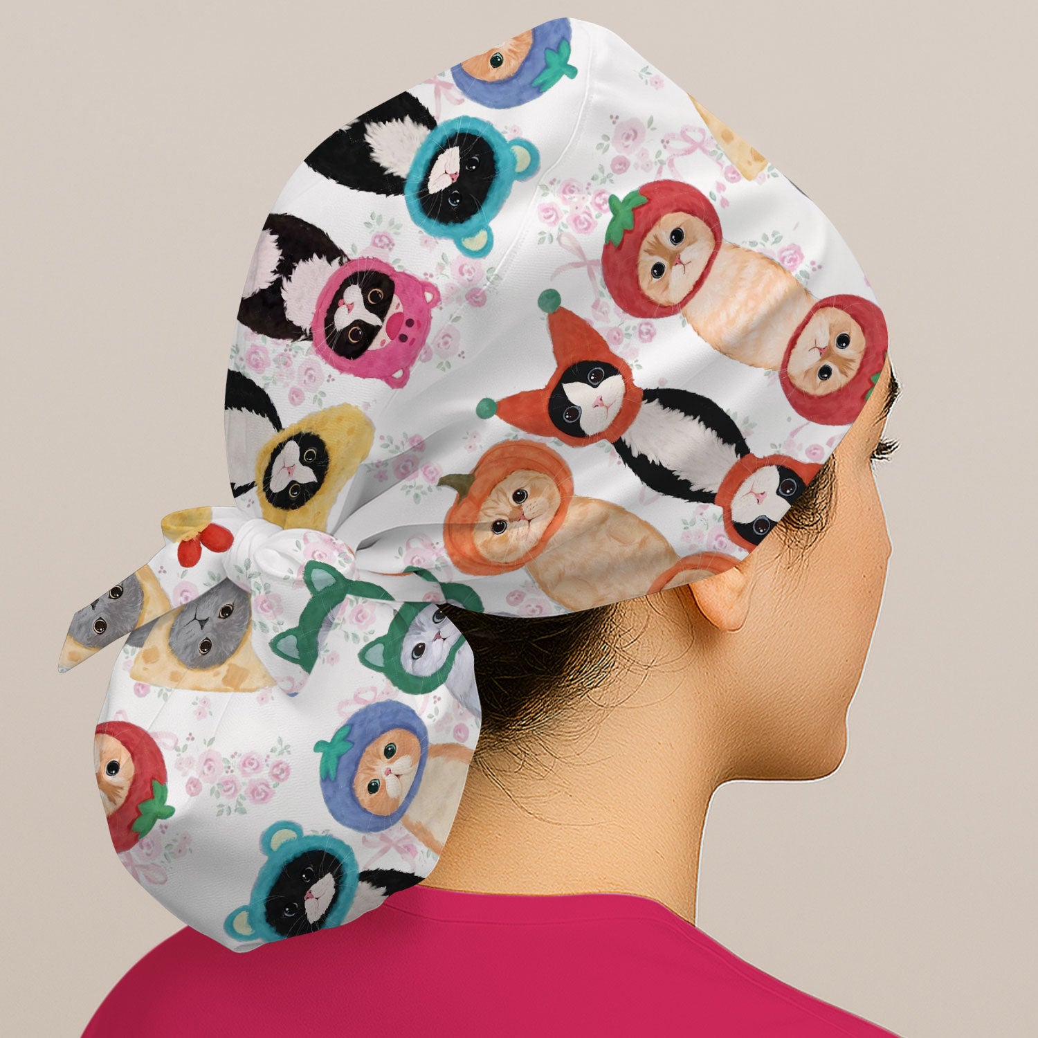 Funny Cartoon Cat Print Surgical Cap, Cute Scrub Caps for Nurses