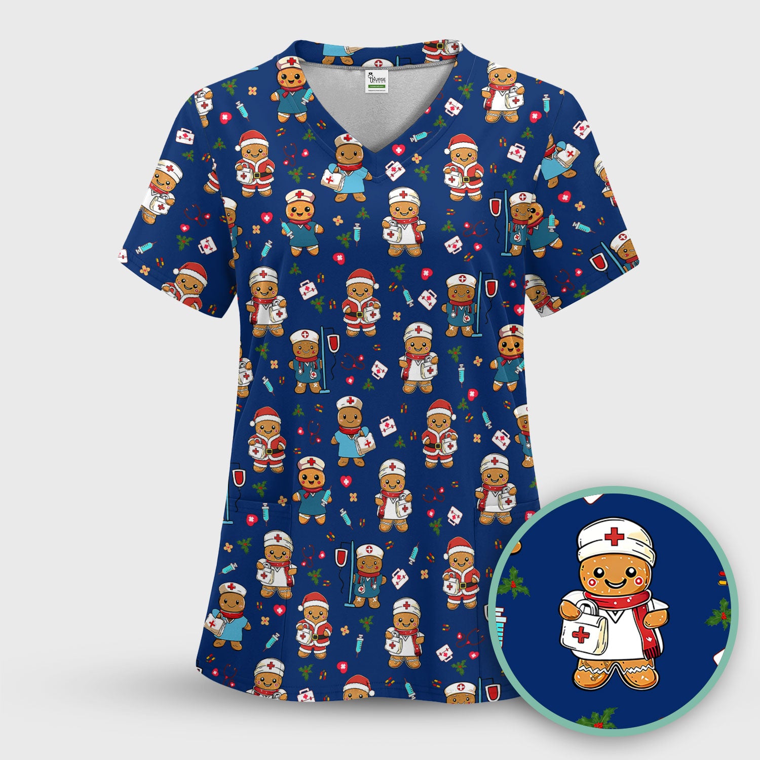 Elf Gingerbread Man Nurse Scrub Top - Santa’s Favorite Nurse Holiday Medical Uniform RN LPN CNA Gift