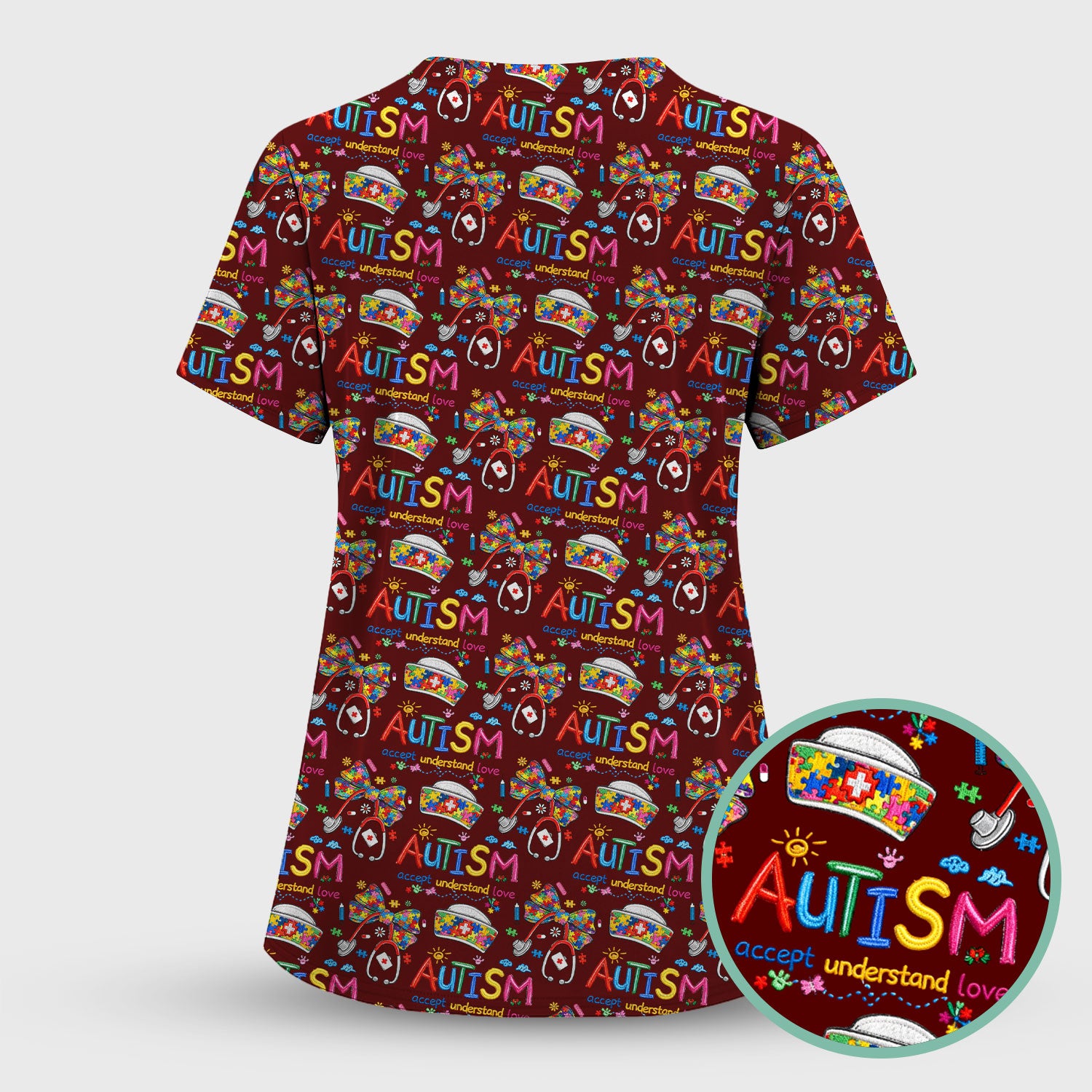 Autism Awareness Pattern Nurse Scrub Top, Accept Understand Love Puzzle Nurses Shirt, Breathable Fabrics Nursing Uniform