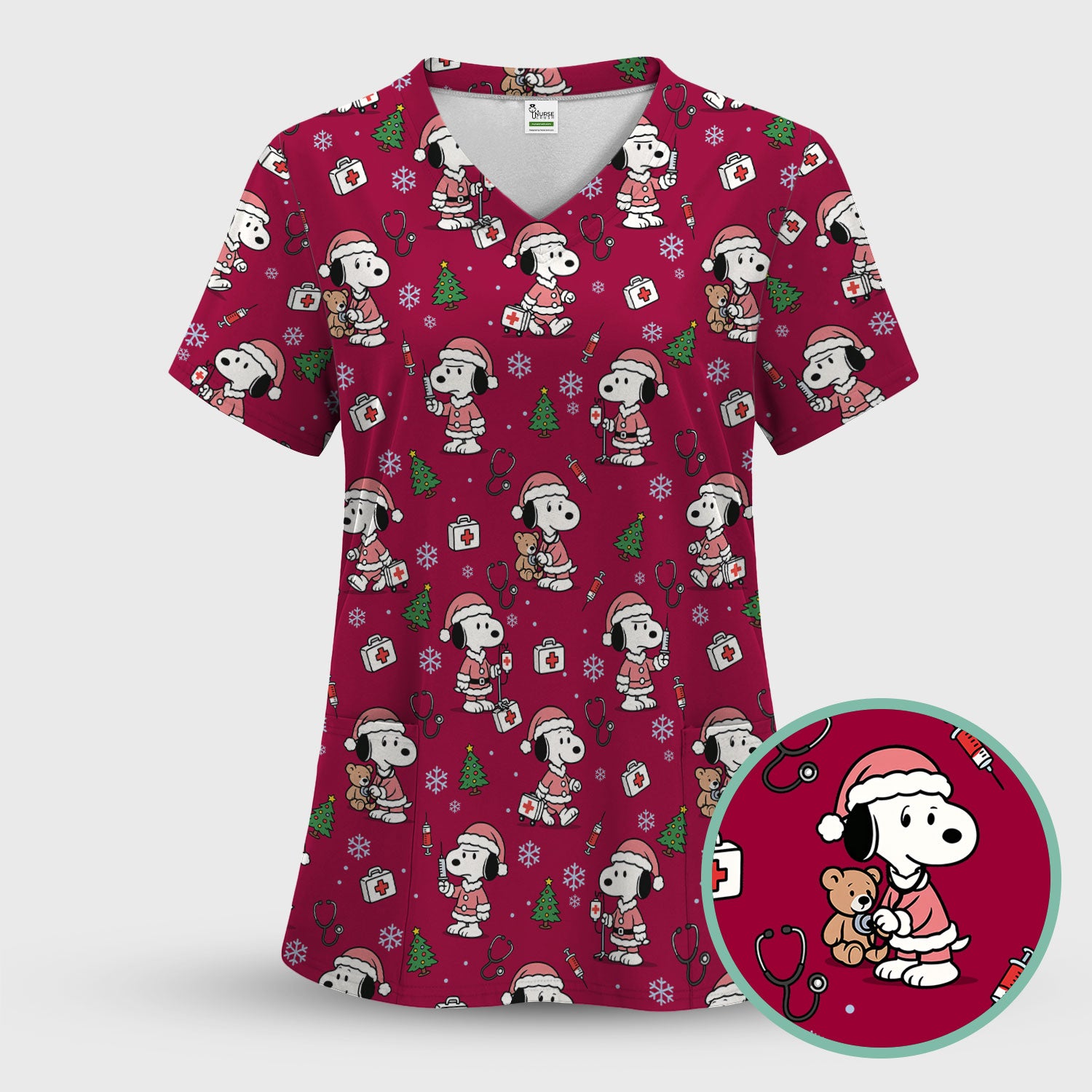 Snoopy Christmas Nurse Scrub Top for Women - Cute Cartoon Holiday Medical Uniform with Pockets - Nursing Gift for RN CNA LPN