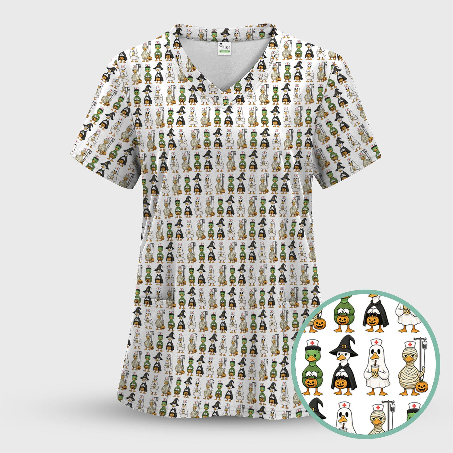 Funny Nurse Halloween T-Shirt - Cute Duck in Halloween Costumes Pattern Design - Gift for Women RN LPN & Healthcare Workers