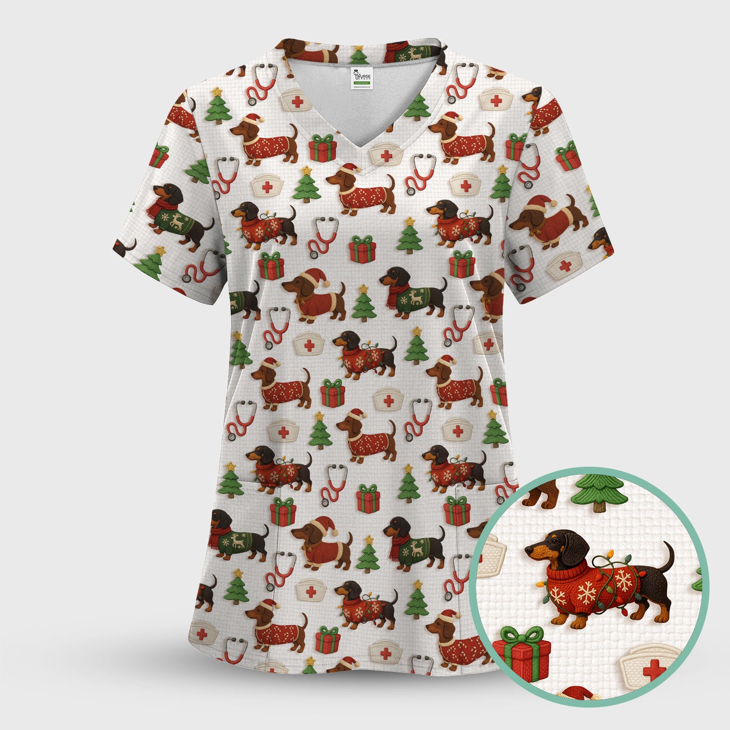 Custom Nurse Scrubs for Women - Dachshund Dog Christmas Print with Gifts & Holiday Tree - Multi Color Nursing Shirt Gift Idea