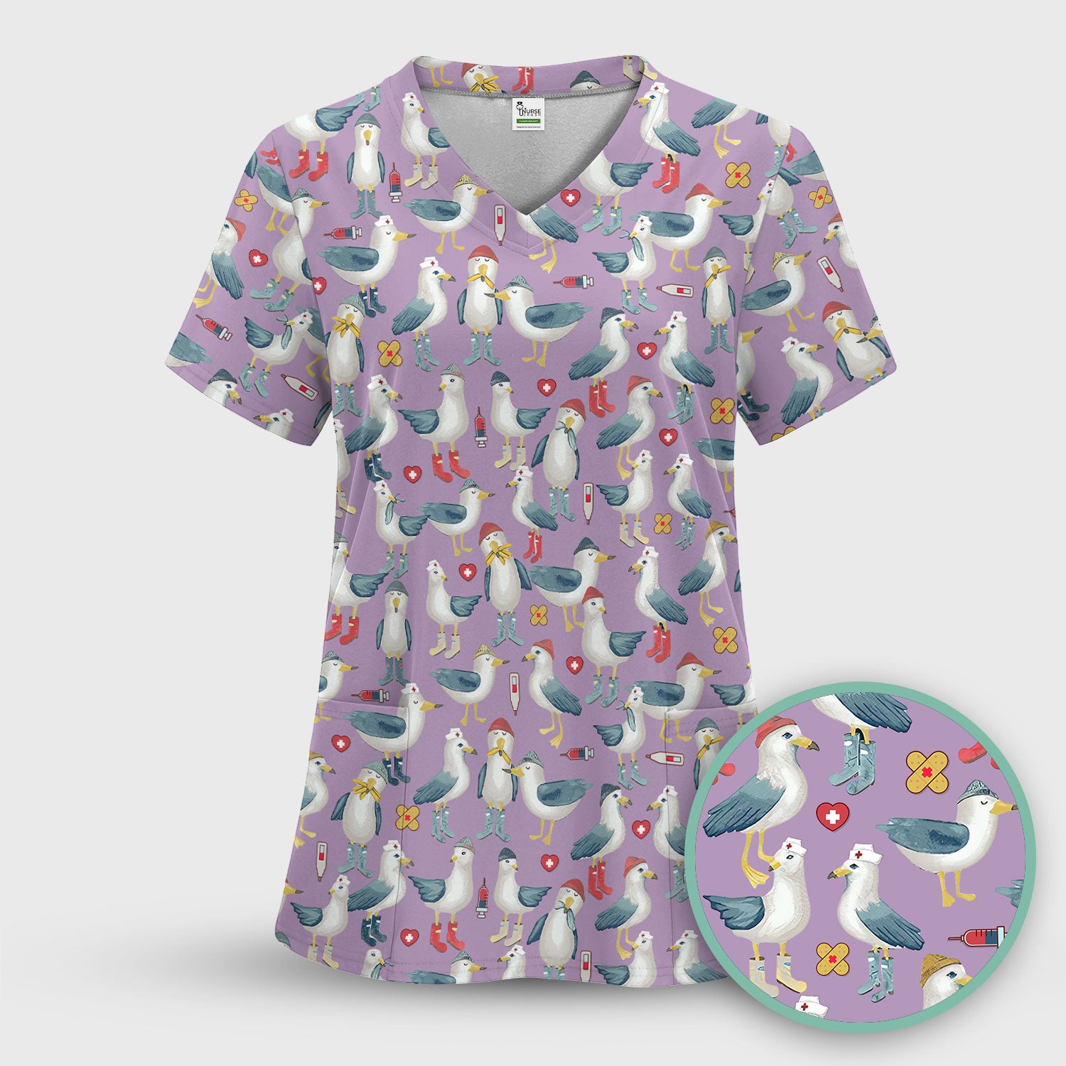 Funny Seagull Nurse Scrub Top - Cute Bird with Medical Icons - Comfortable Scrubs for Women