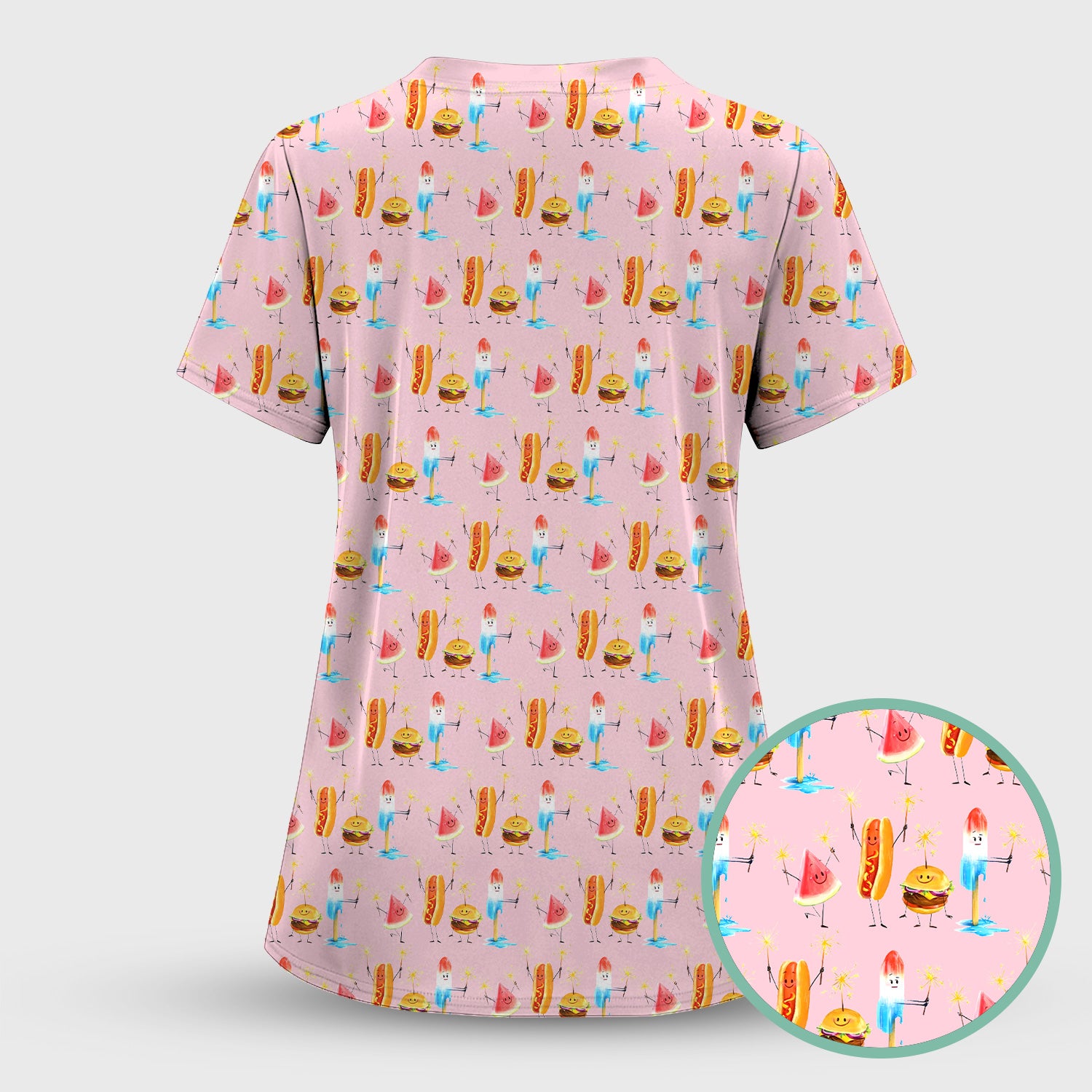 Funny Summer Food Icons Pattern Scrub Set, Breathable Fabrics Nursing Uniform