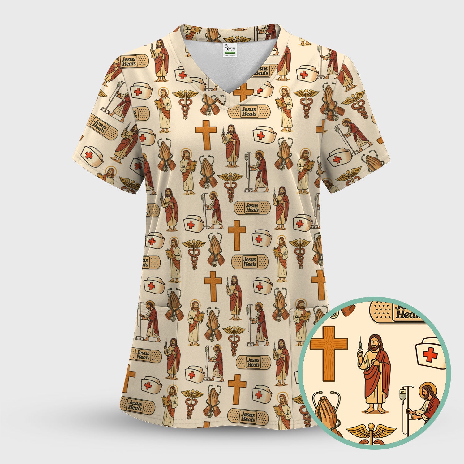 Christian Nurse Faith Scrub Top - Jesus Heals Quote & Religious Medical Pattern - Multiple Color Options Gift for RN LPN CNA
