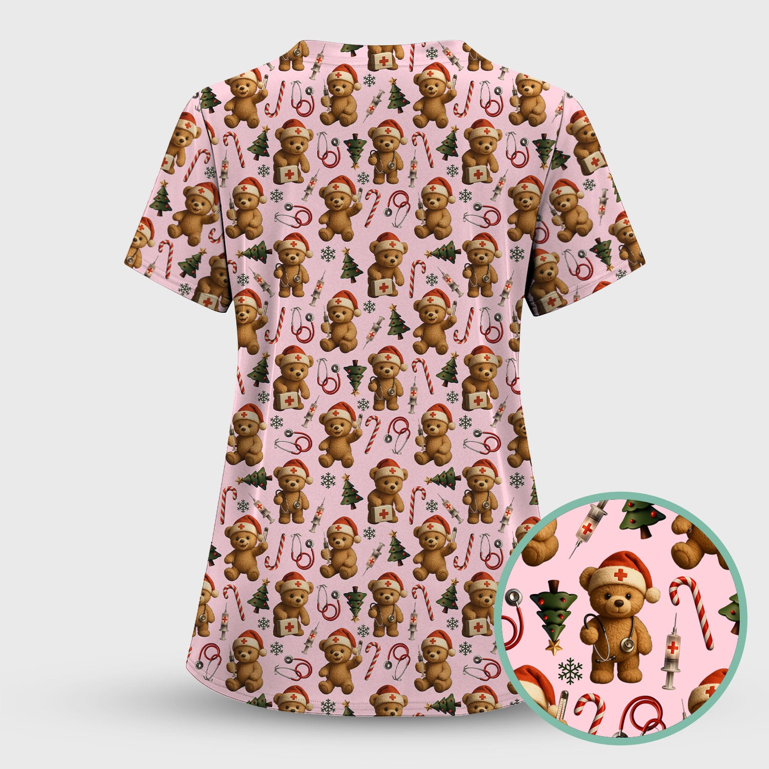 Gingerbread Bear Nurse Christmas Scrub Set - Cute Holiday Medical Pattern with Stethoscopes & Candy Canes - Festive Scrubs for Women