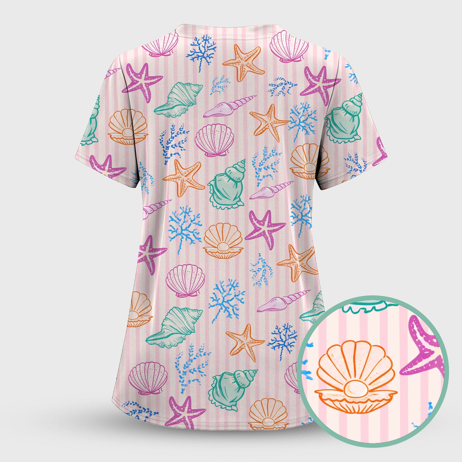 Colorful Seashell Starfish Ocean Stripe Pattern Scrub Top, Breathable Fabrics Nursing Uniform