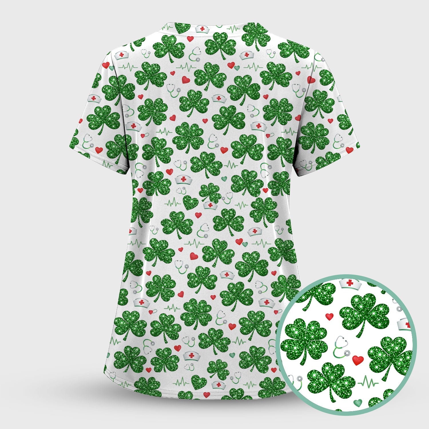 St. Patrick’s Day Nurse Scrub Set, Green Clover Medical Pattern Shirt, Breathable Fabrics Nursing Uniform