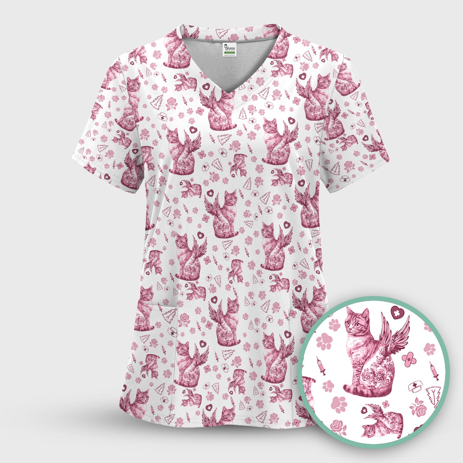 Toile de Jouy Cat Angel Scrub Top - Blue Vintage Nurse Shirt - French Style Medical Uniform for Women RN LPN CNA Gift