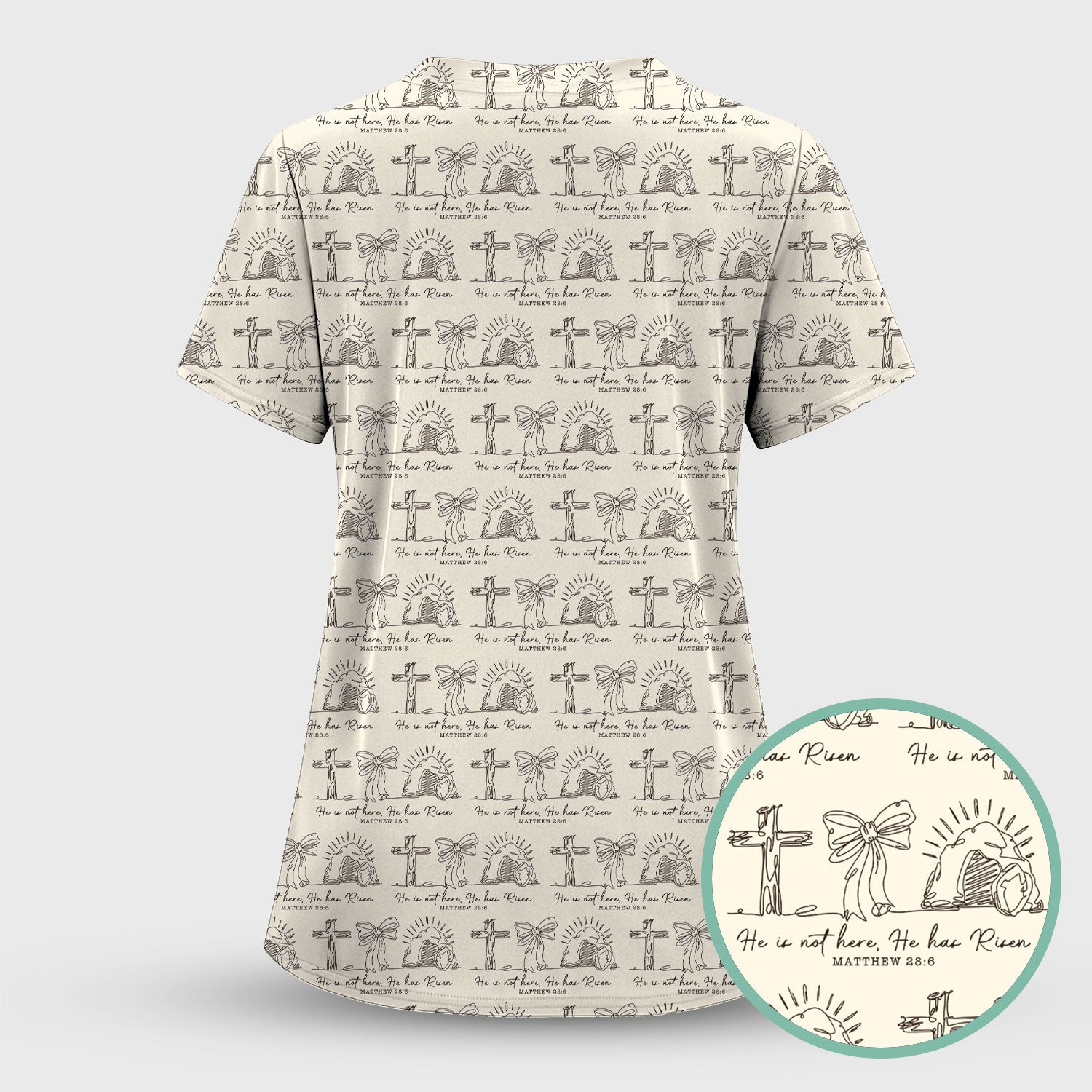 Christian Cross He Is Risen Pattern Scrubs Top, Comfortable Scrubs for Nurses