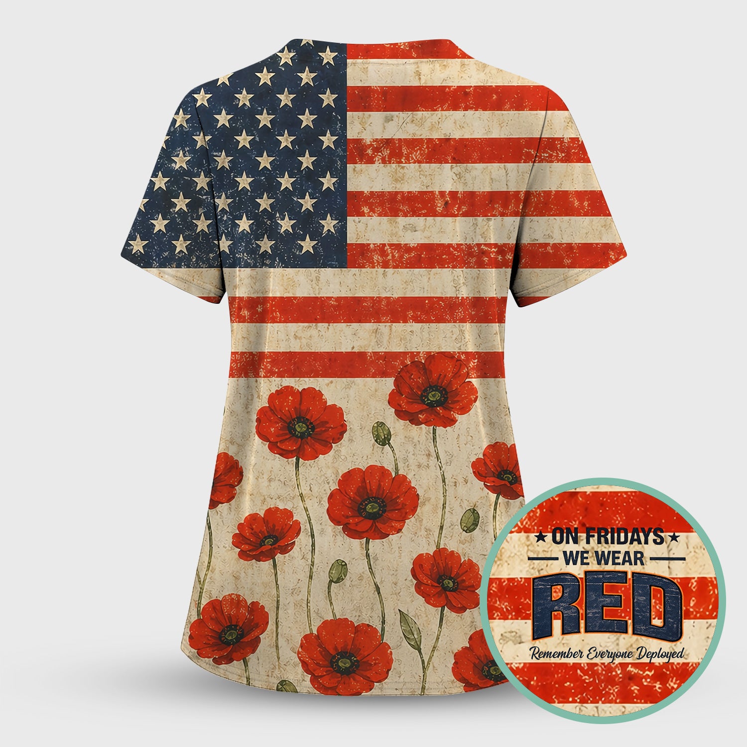 Patriotic American Flag Poppy Flower Pattern Scrub Top, Comfortable Scrubs for Nurses