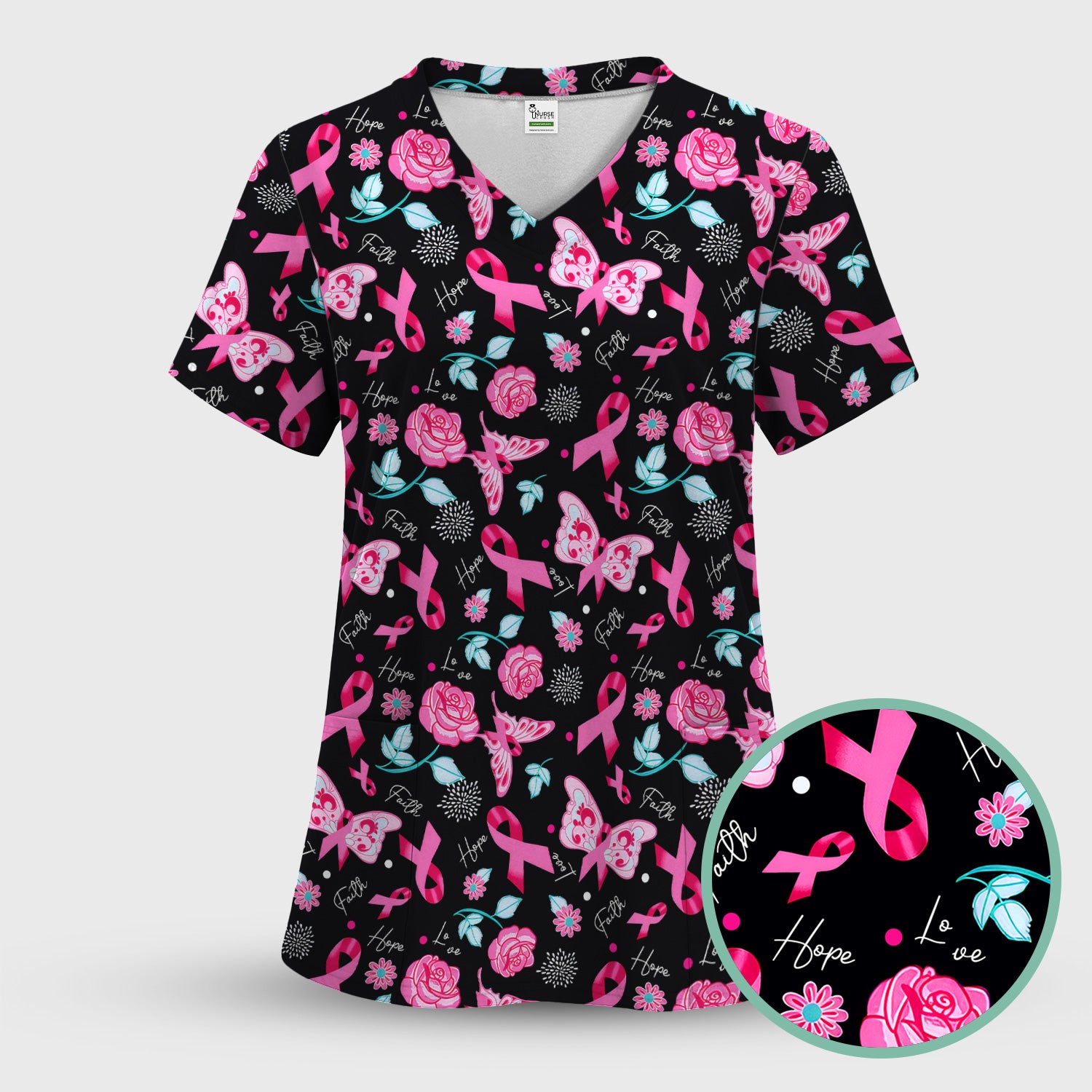 Breast Cancer Awareness Scrub Top - Pink Ribbon Nurse Shirt with Flowers - Gift for Women RN CNA LPN