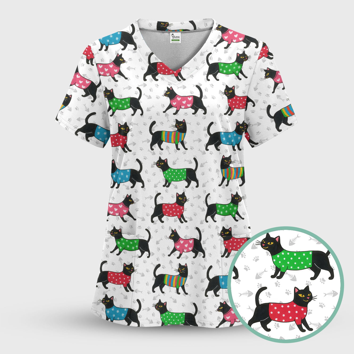 Cute Cat Scrub Top - Black Kitty Print Nurse Shirt - Fun Animal Medical Scrubs Gift for Women CNA RN Doctor
