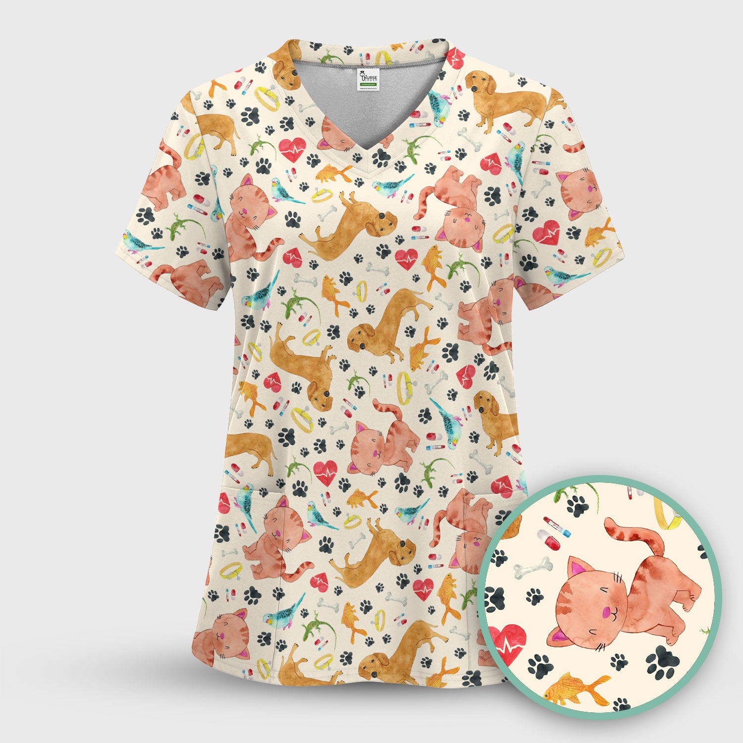 Cat Dog Veterinary Scrub Top - Cute Animal Paw Print Medical Shirt - Adorable Nurse Scrubs for Women RN CNA Vet Tech