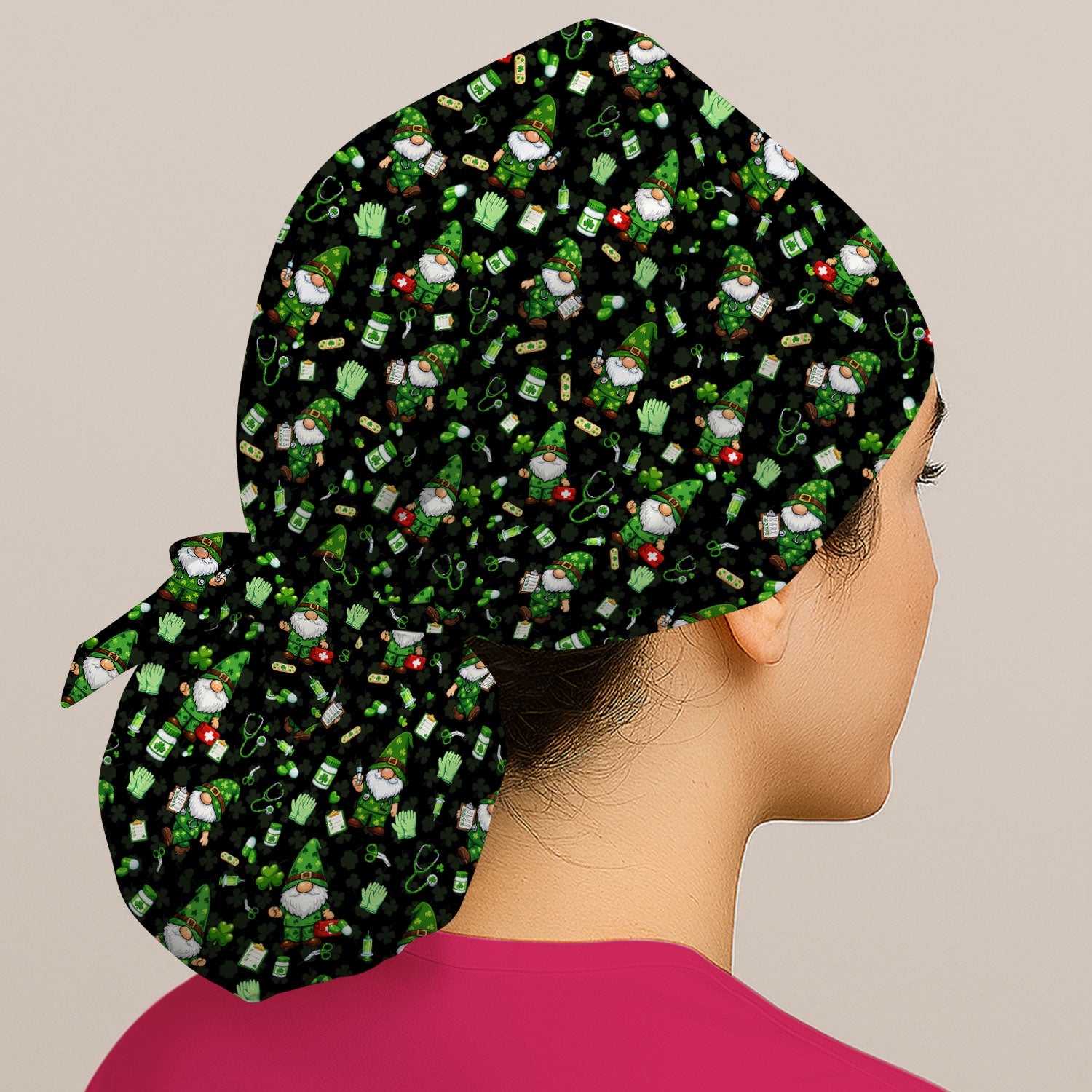 St. Patrick’s Day Nurse Gnome Scrub Cap, Green Lucky Medical Pattern Nurse Hat, Breathable Fabrics Nursing Uniform