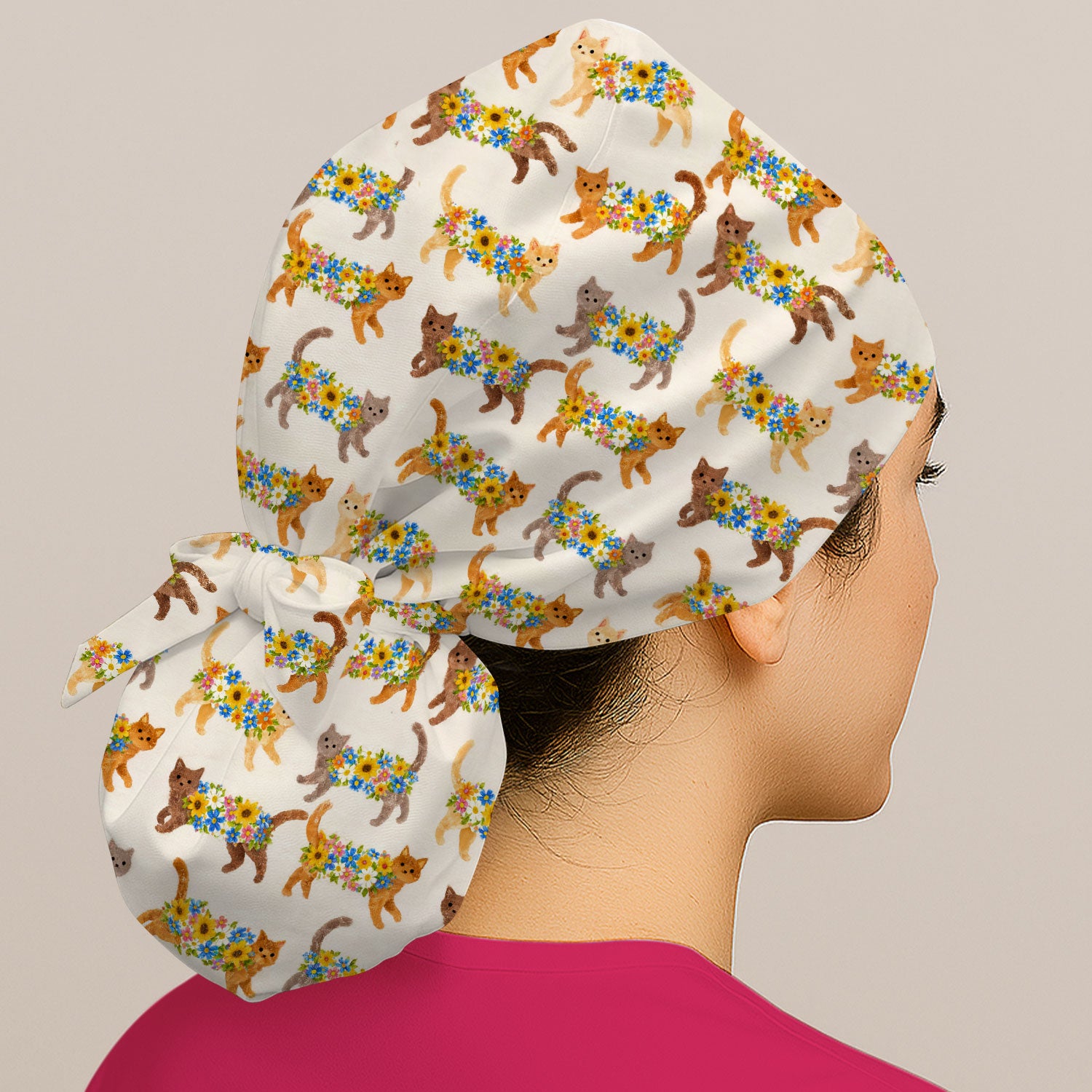 Cute Flower Filled Cat Pattern Pattern Scrub Cap, Breathable Fabrics Caps Uniform