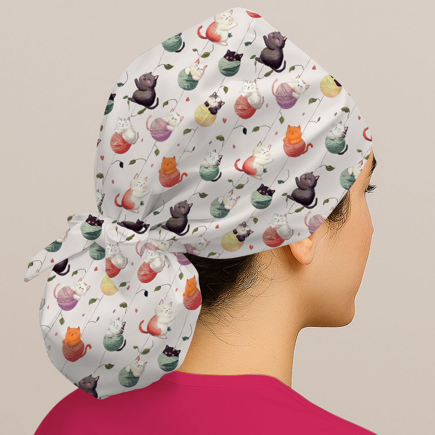 Cute Cats Playing Yarn Balls Pattern Print Cap, Bouffant Scrub Caps for Women