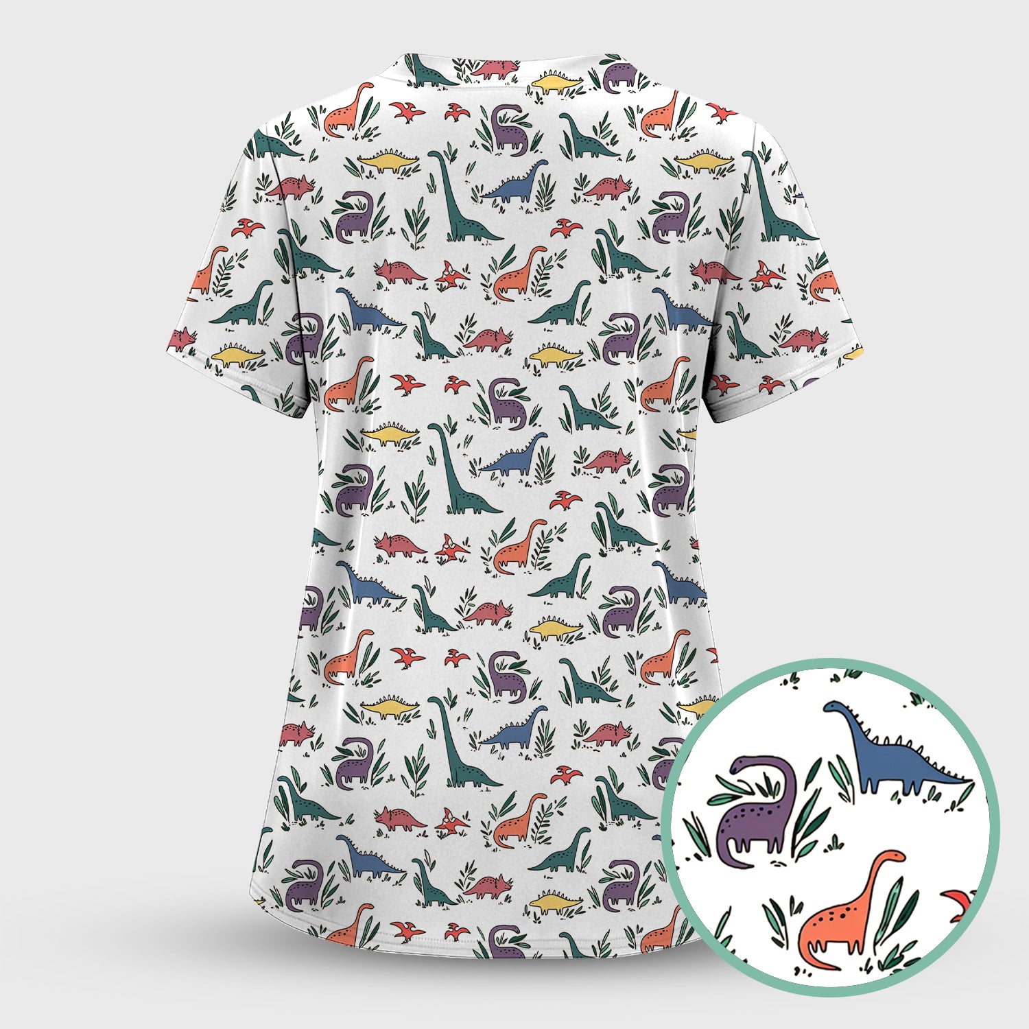 Cute Dinosaur Leafy Garden Pattern Scrub Set, Breathable Fabrics Nursing Uniform