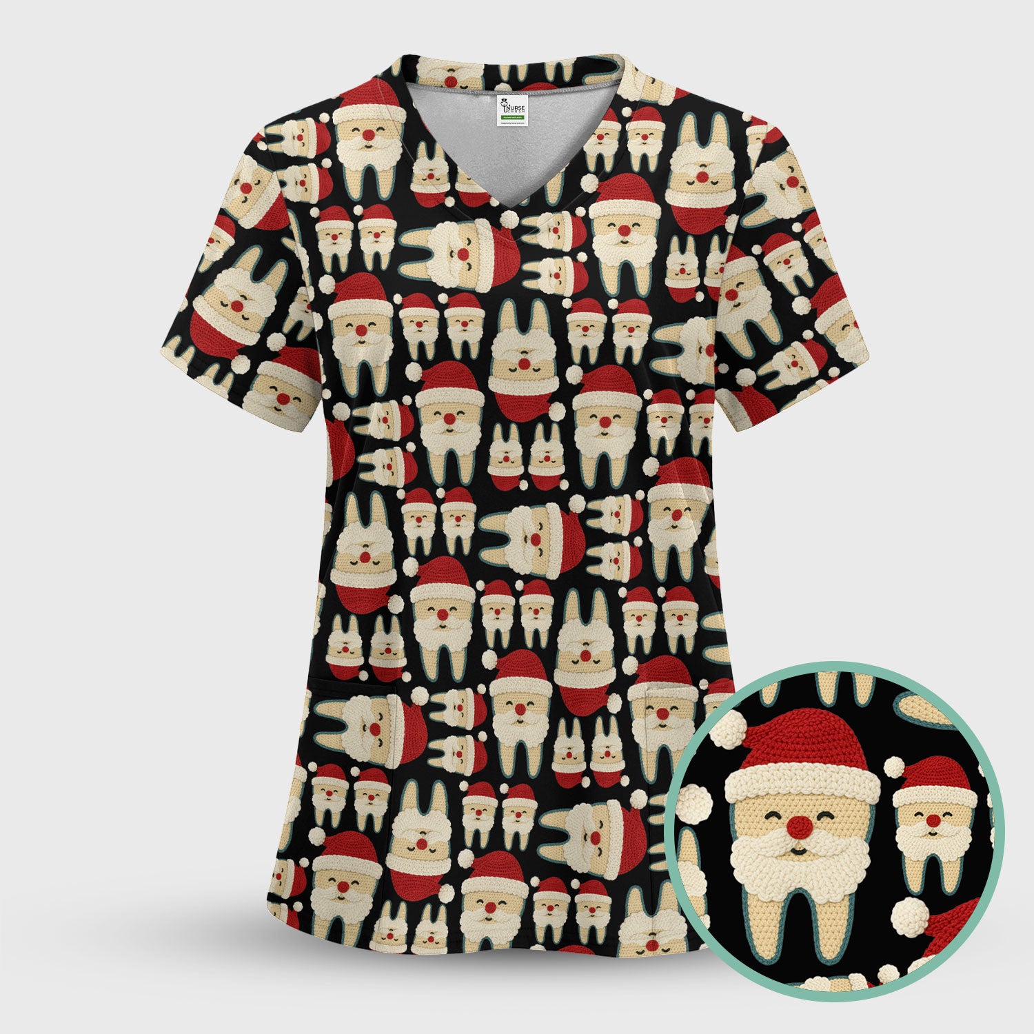 Christmas Tooth Scrub Top - Cute Santa Tooth Pattern for Dentists & Hygienists - Crochet Style Holiday Medical Uniform for Women