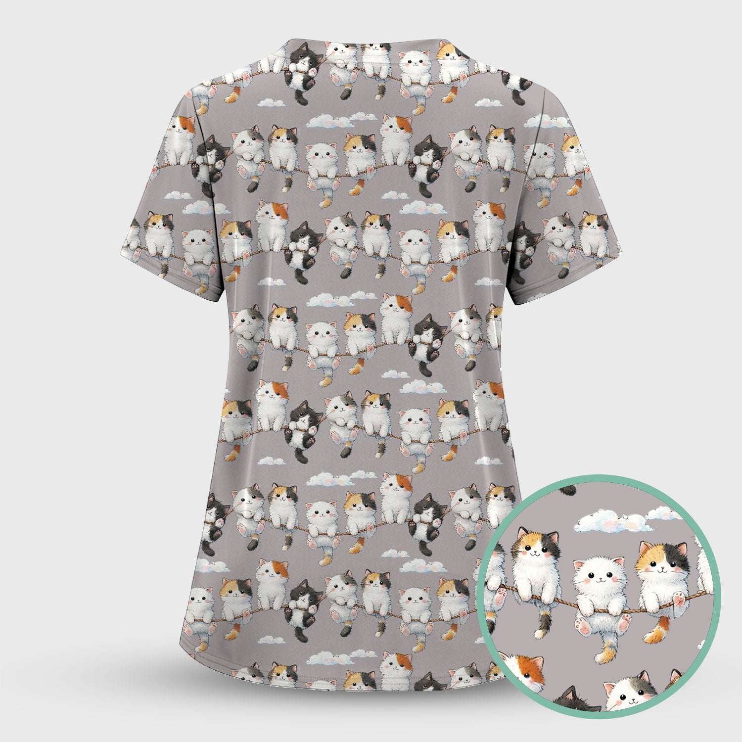 Cute Cats Sitting on Rope Pattern Scrubs Top, Comfortable Scrubs for Nurses