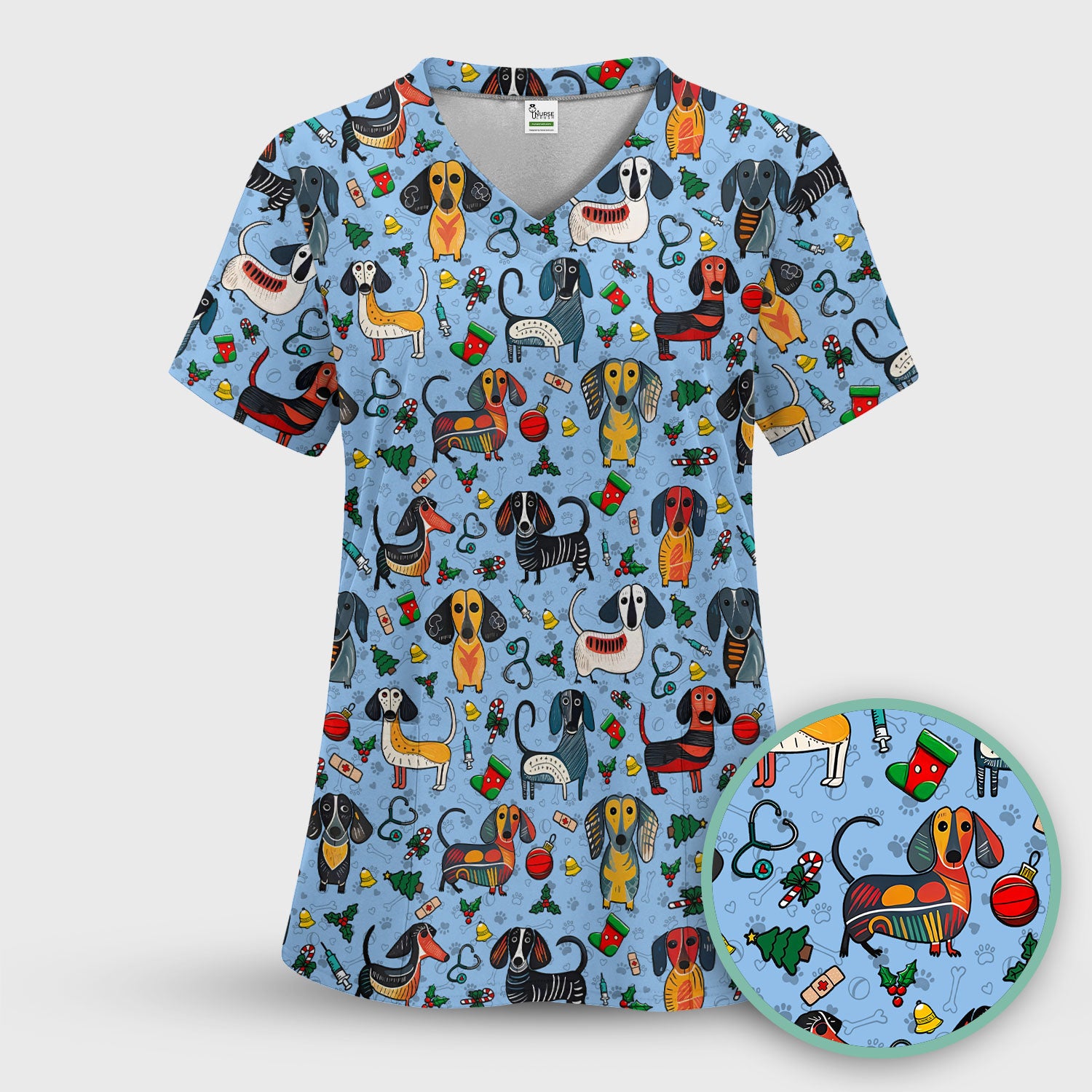 Christmas Wiener Dog Scrub Top - Funny Sausage Dog Nurse Shirt for Women - Holiday Medical Uniform