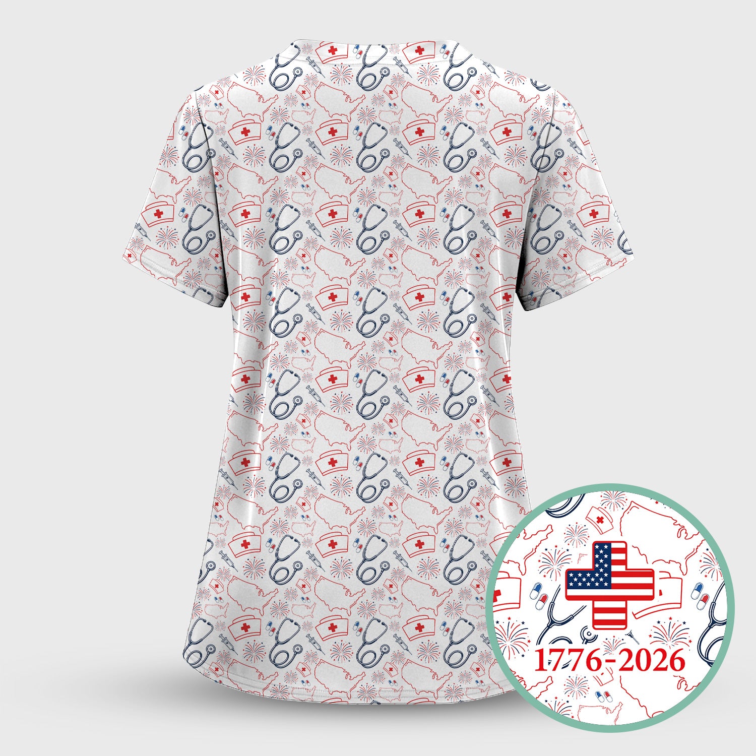 Patriotic Nurse Stethoscope Flag Pattern Scrub Set, Scrub Pants and V Neck Top