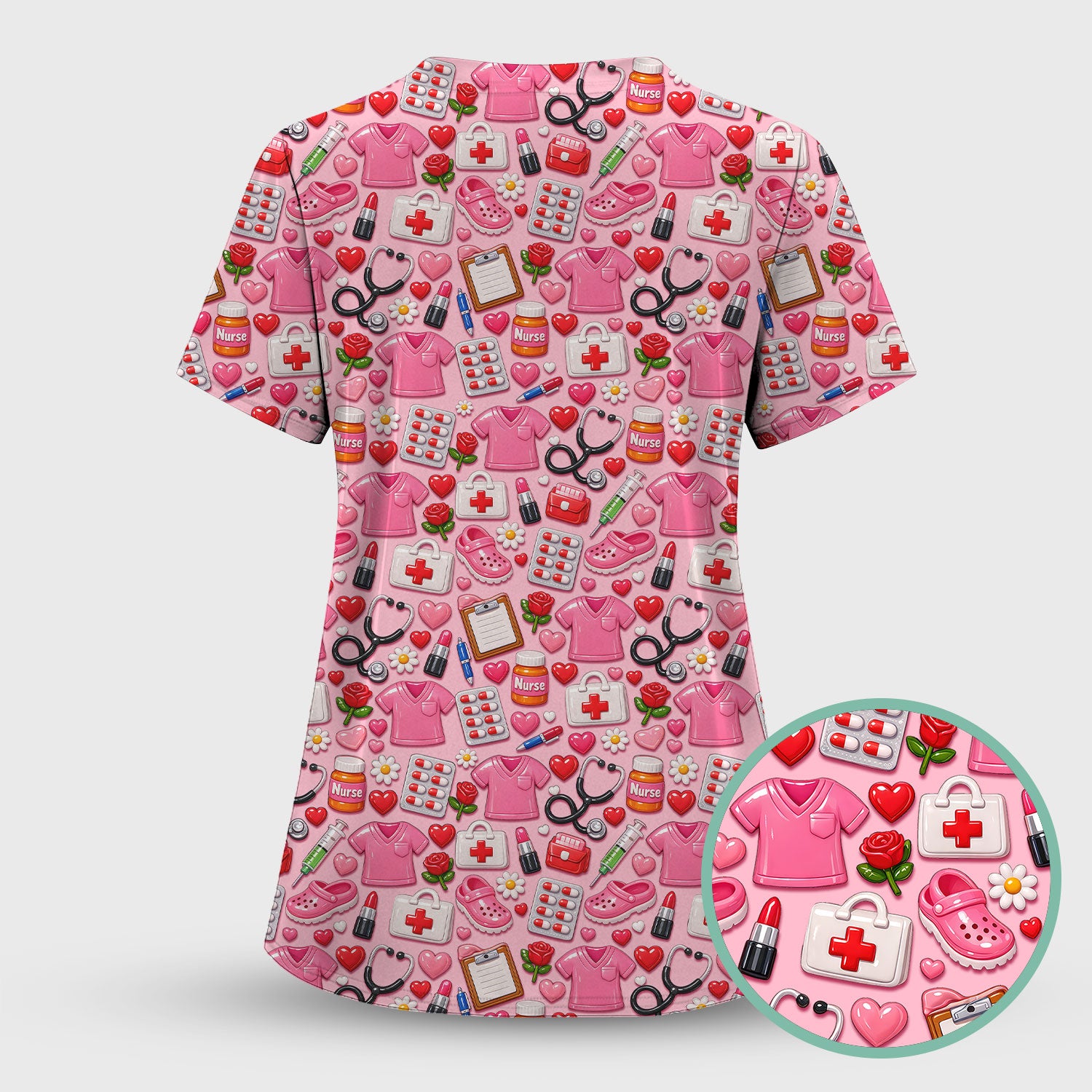Medical Icons Scrub Set, Cute Pattern Nurse Shirt, Breathable Fabrics Nursing Uniform