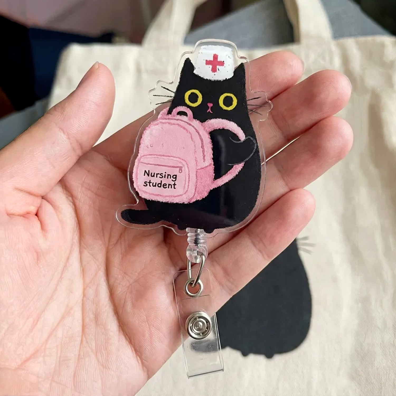 Cute Nursing Student Cat Badge Reel for Nurses & Doctors, Funny Black Cat ID Holder Clip