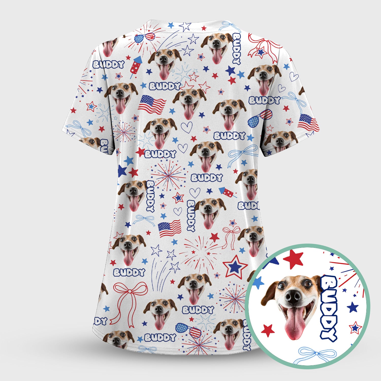 Personalized Patriotic Dog Face Name Pattern Scrub Set, Scrub Pants and V Neck Top
