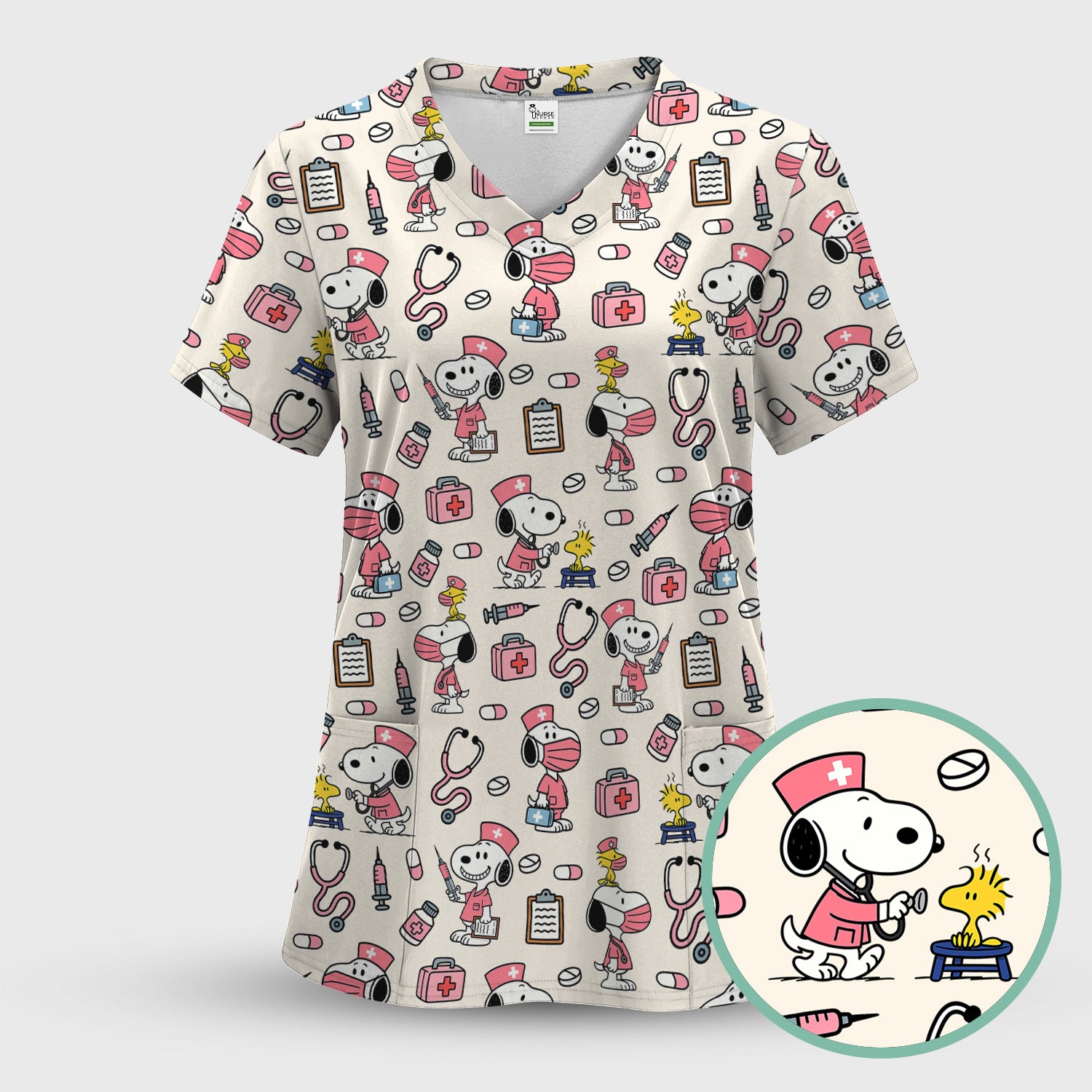 Snoopy Nurse Scrub Top for Women - Custom Medical Scrub Shirt Multi Colors - Cute Cartoon Nursing Work Shirt with Pockets