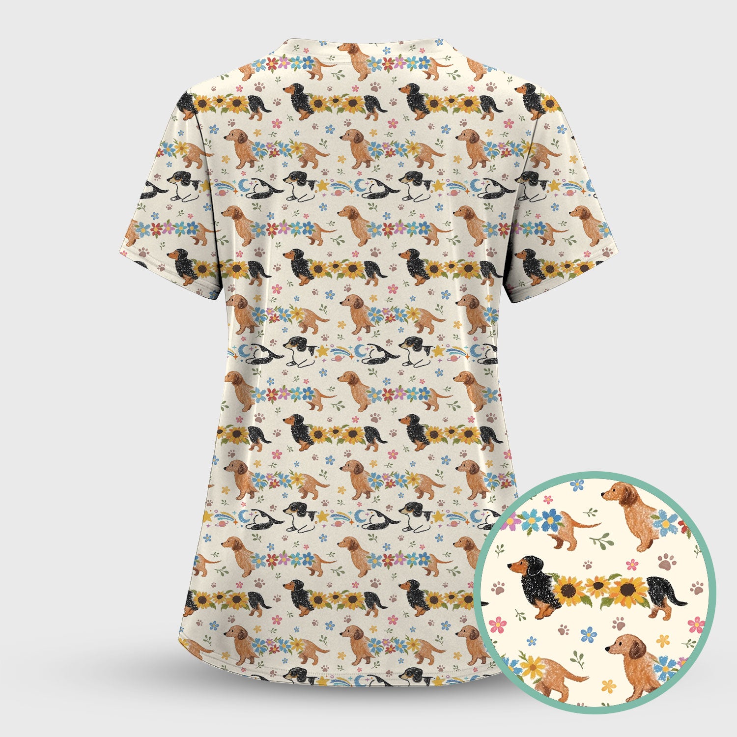 Floral Wiener Dog Pattern Scrub Set, Scrub Pants and V Neck Top