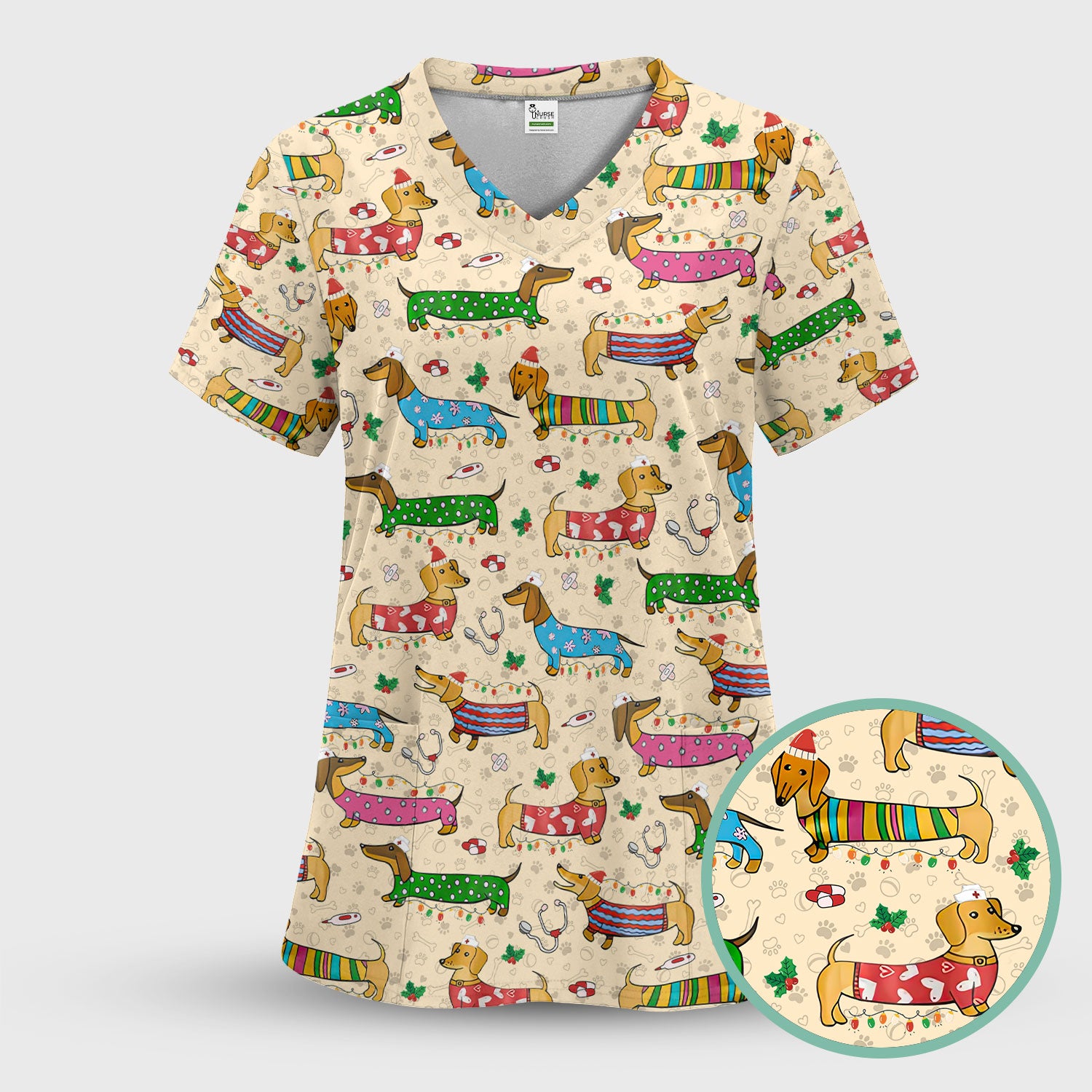 Christmas Dachshund Nurse Scrub Top - Cute Wiener Dog in Holiday Outfit - Funny Medical Shirt Gift for Women RN LPN CNA