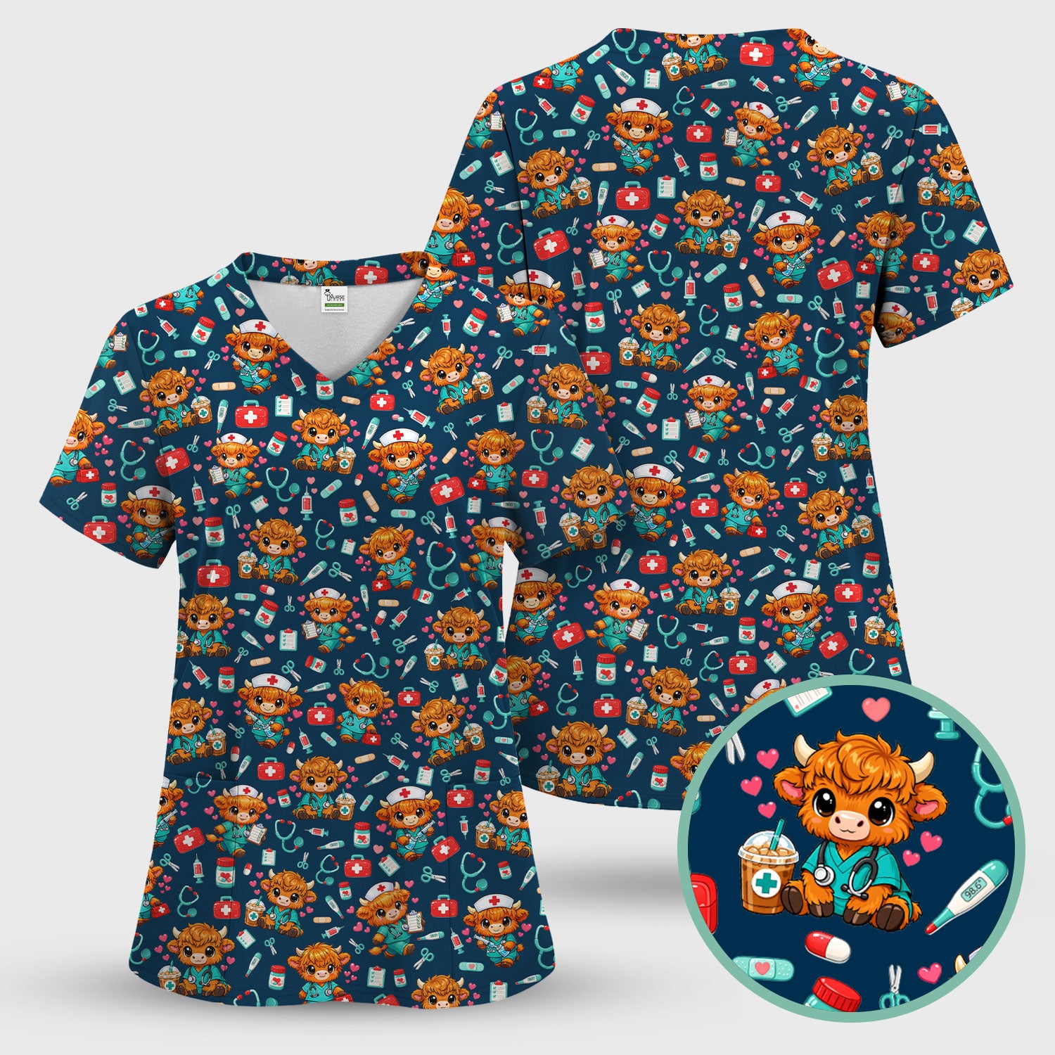 Cute Highland Cow Nurse Scrub Set, Kawaii Medical Pattern Shirt, Breathable Fabrics Nursing Uniform