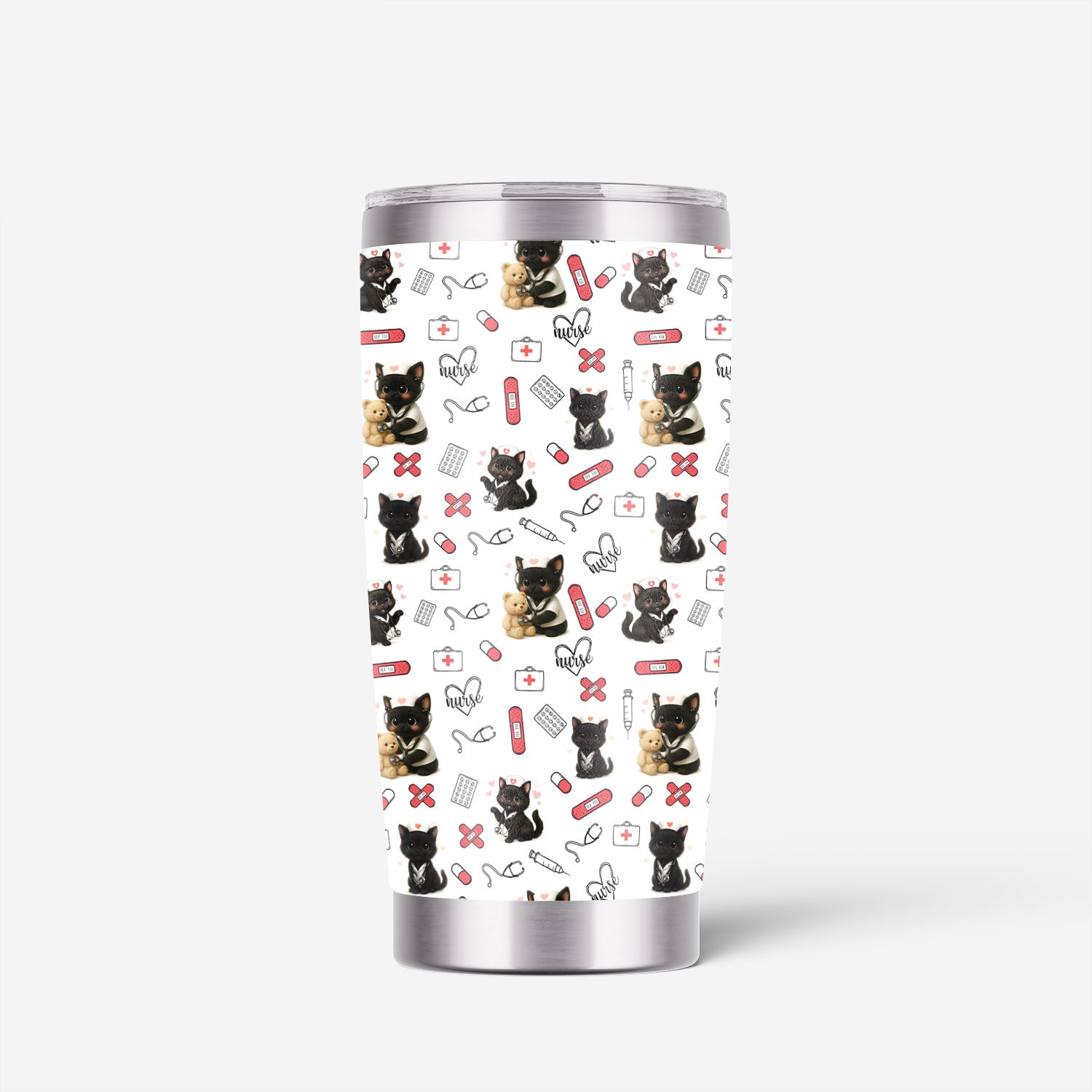 Funny Cat Lover Nurse Tumbler - Personalized RN CNA LPN Gift - Cute Medical Pattern with Black Kittens