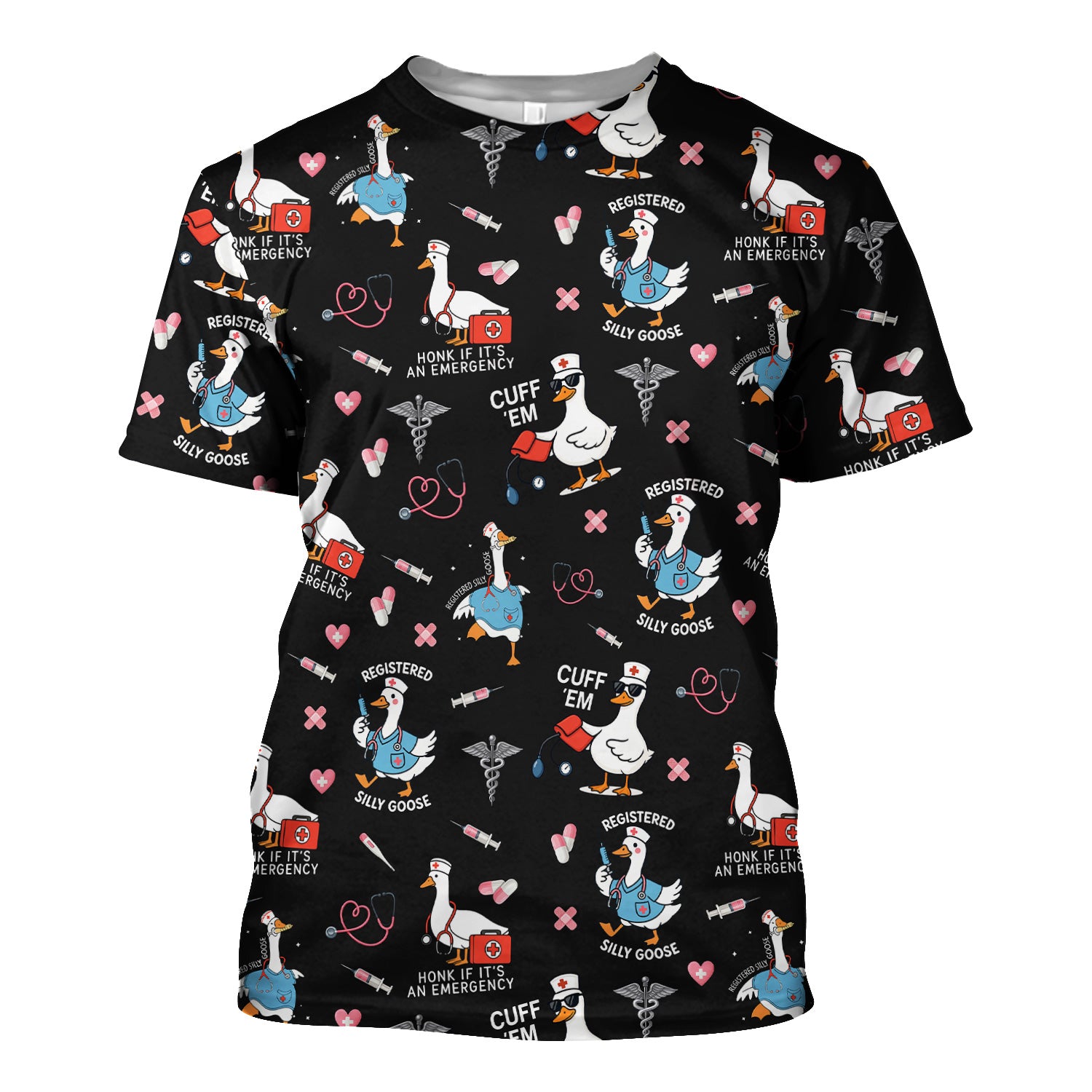Goose Nurse Graphic T-Shirt for Women - Cute Medical Work Tee with Stethoscope & Heart Icons - Gift for RN, CNA, LPN