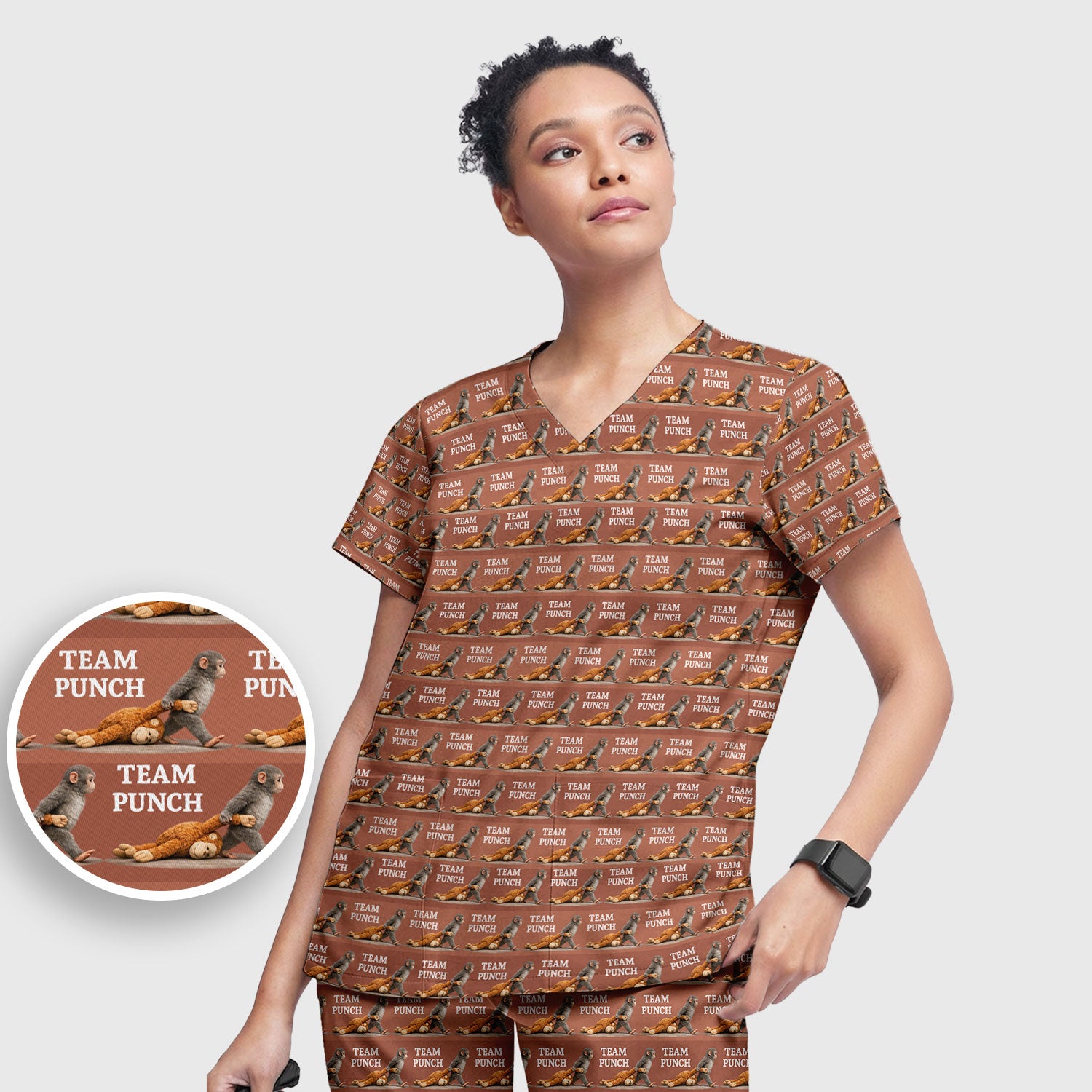 Team Punch Playful Monkey Graphic Pattern Scrubs Sets, Breathable Med Uniform