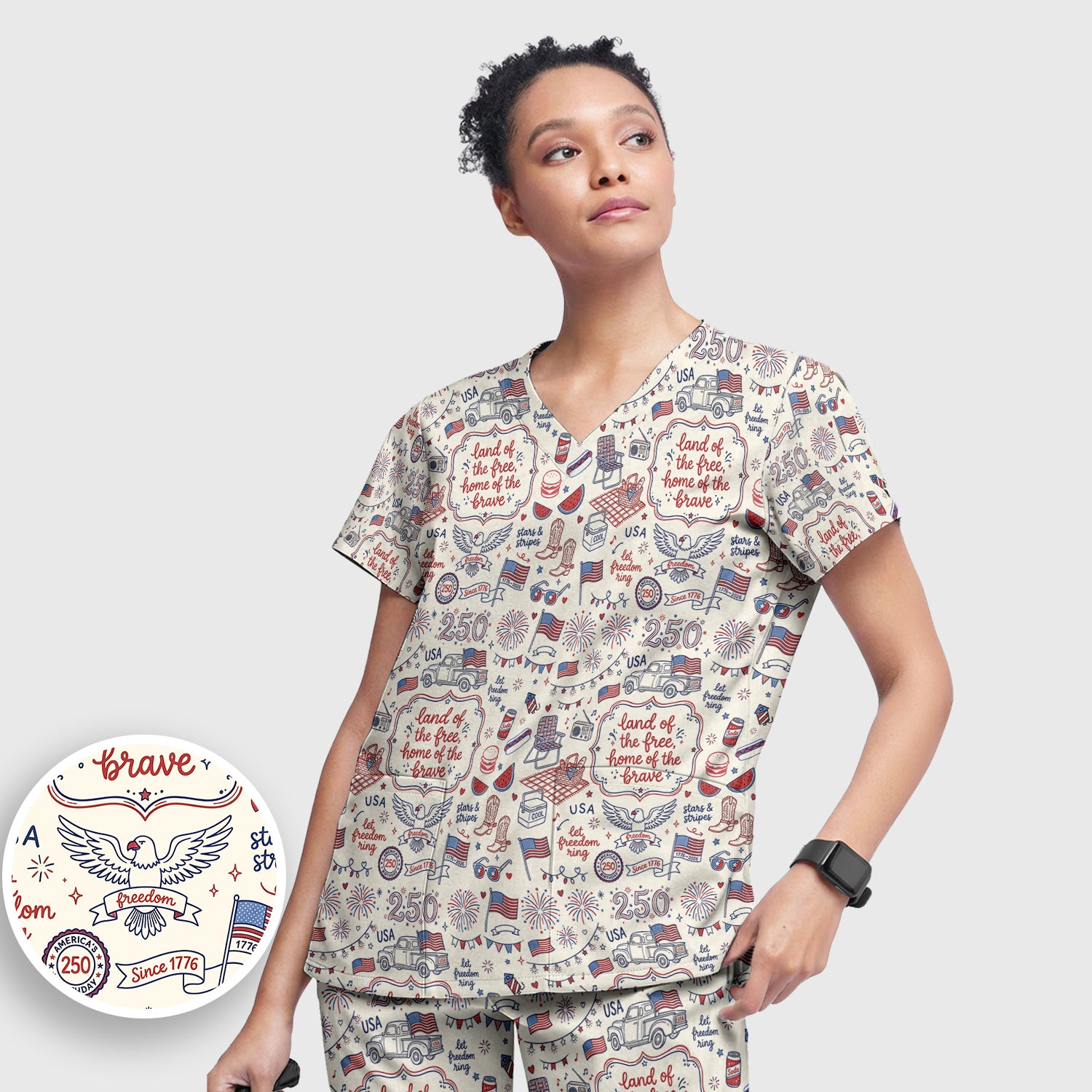 Vintage USA Freedom Print Scrub Set, Scrub Pants and V Neck Top
