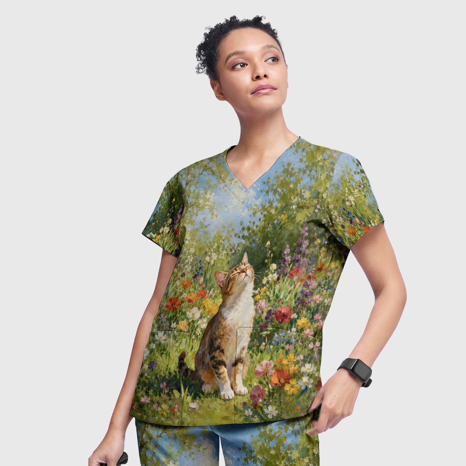 Whimsical Garden Cat Blossom Pattern Scrub Set, Scrub Pants and V Neck Top