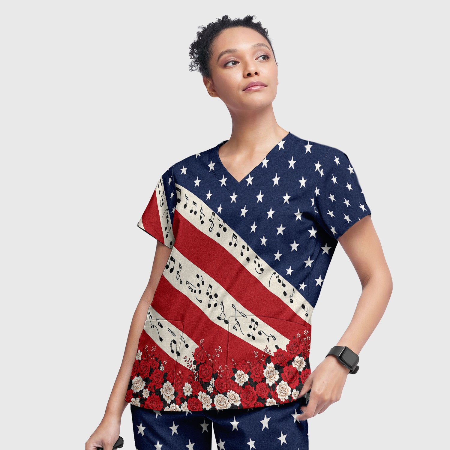 Patriotic Music Notes Nurse Scrub Top for RN, CNA, Healthcare Workers, Floral USA Uniform Scrub Set, Scrub Pants and V Neck Top